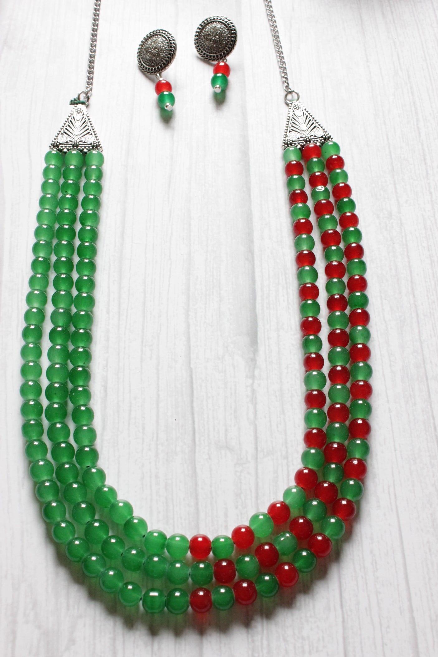Red and Green Glass Beaded 3 Layer Necklace Set