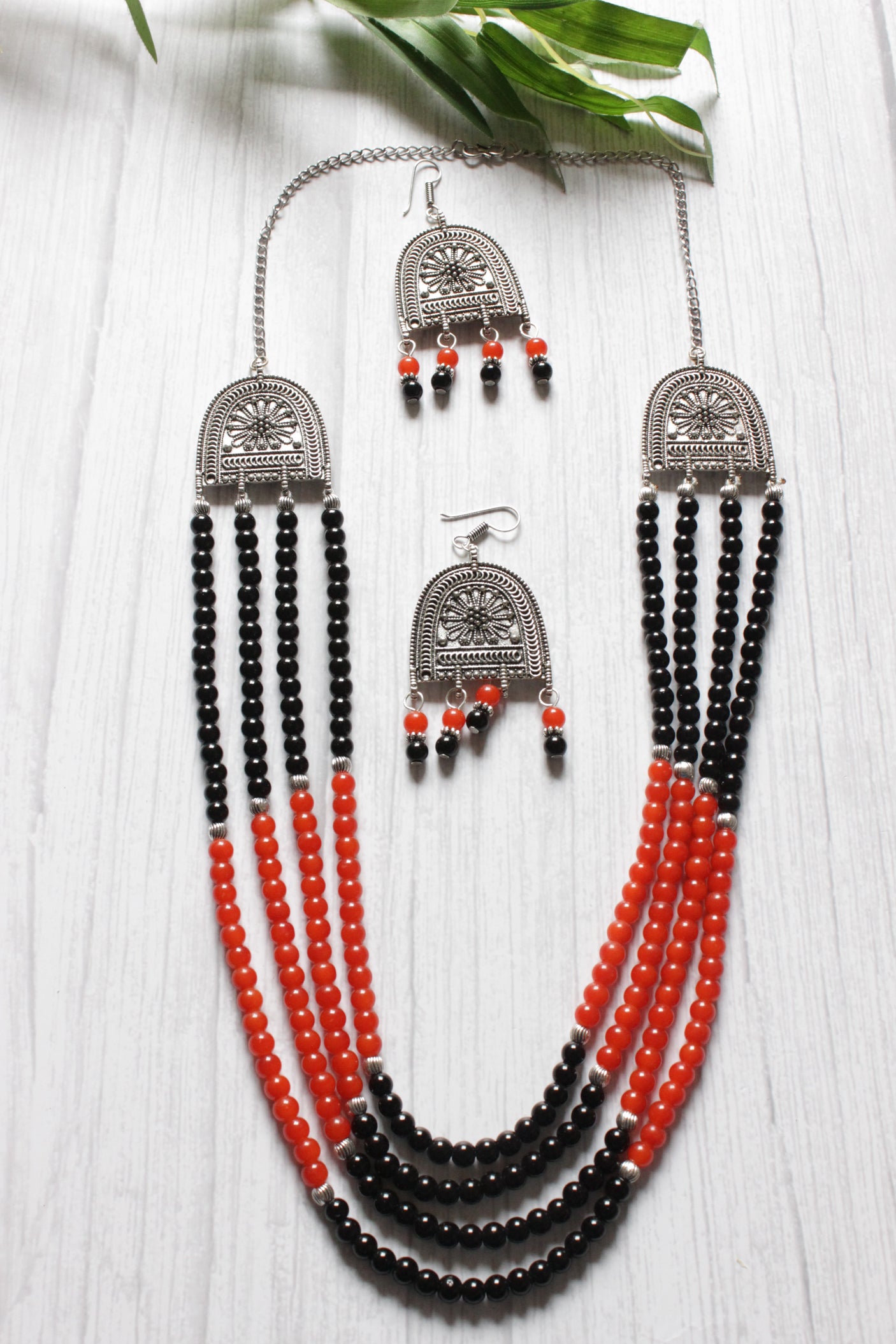 4 Layer Black and Orange Glass Beaded Necklace Set
