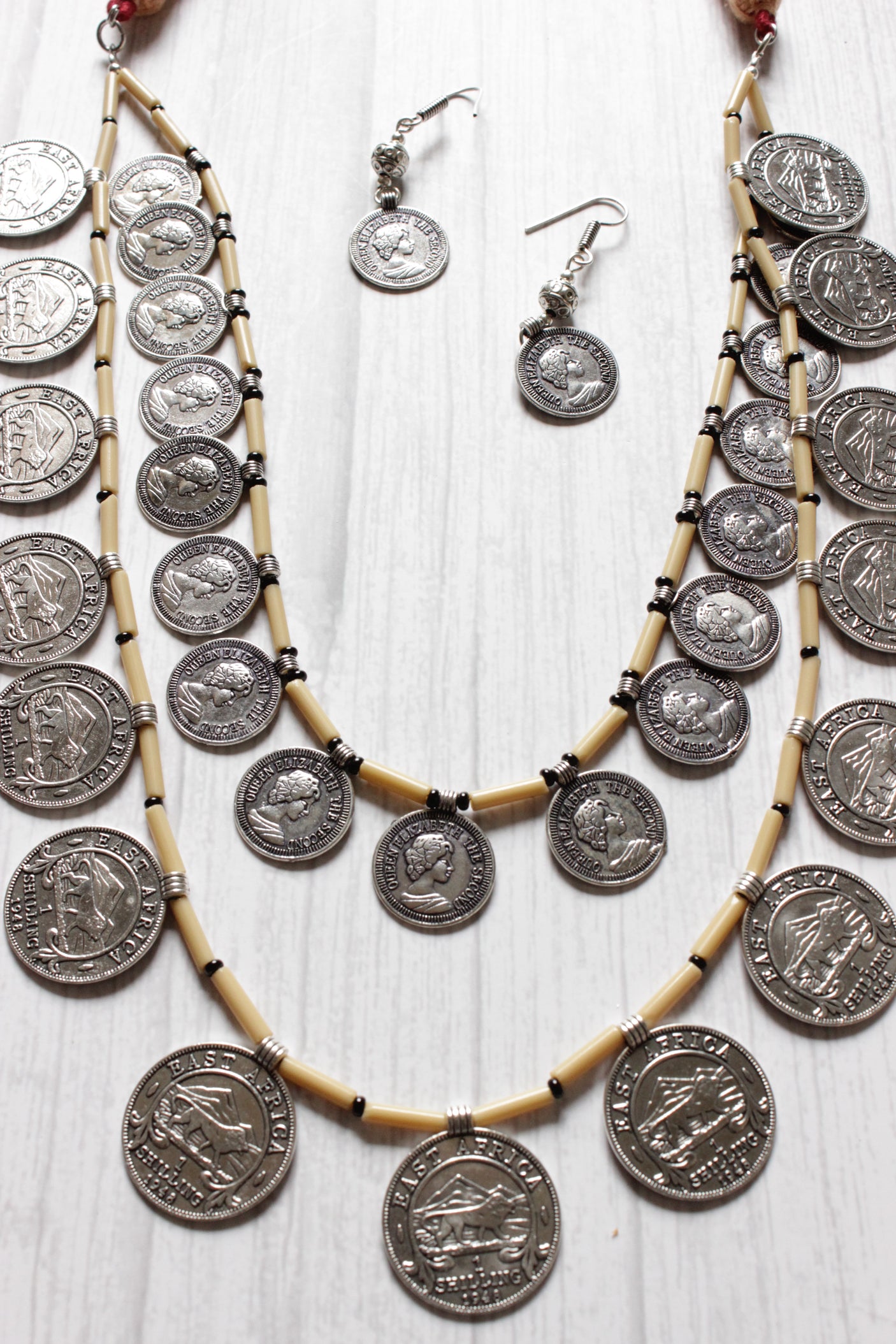 2 Layer Vintage Stamped Coins Necklace Set with Adjustable Thread Closure