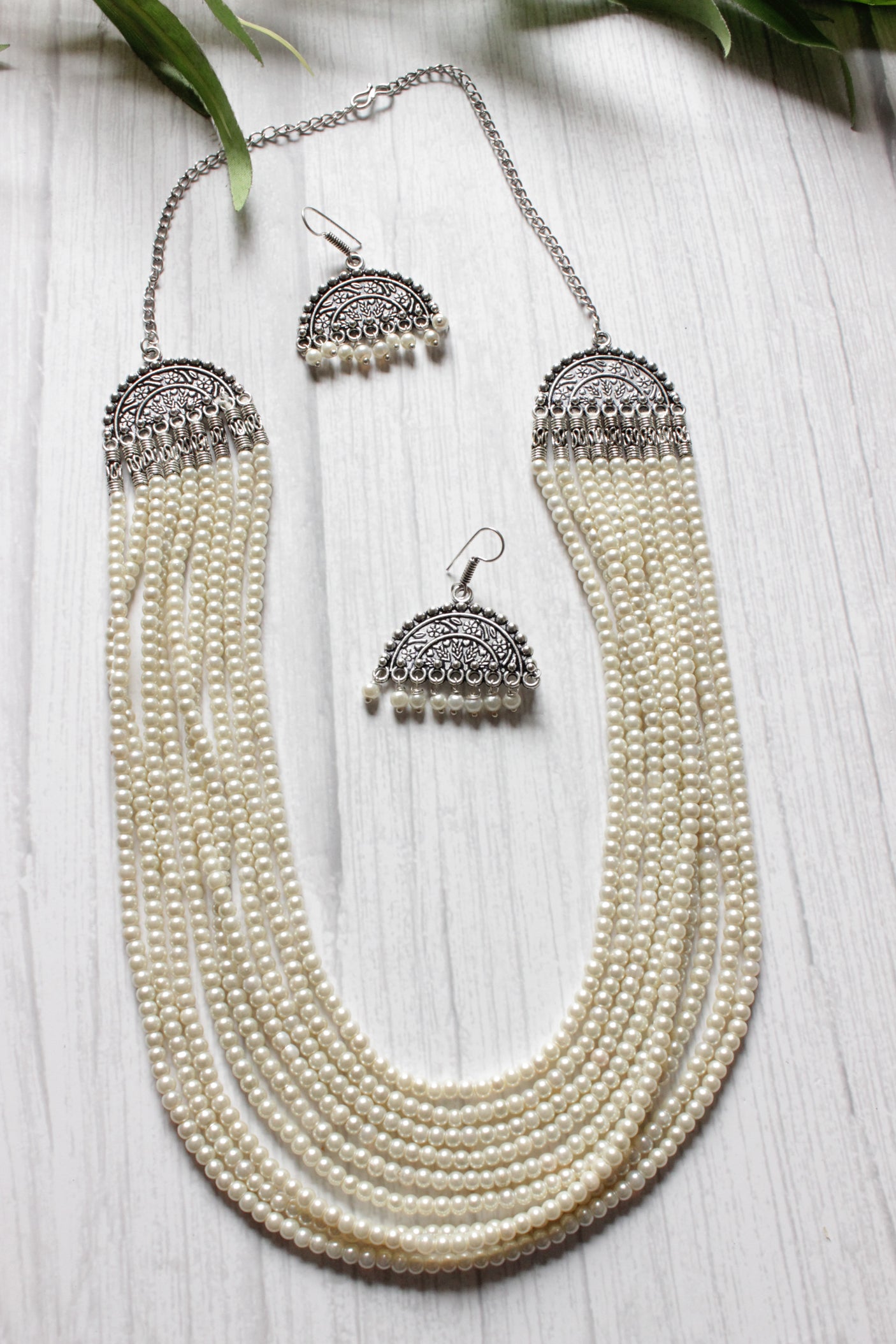 Multi layered White Pearl Beaded Necklace Set