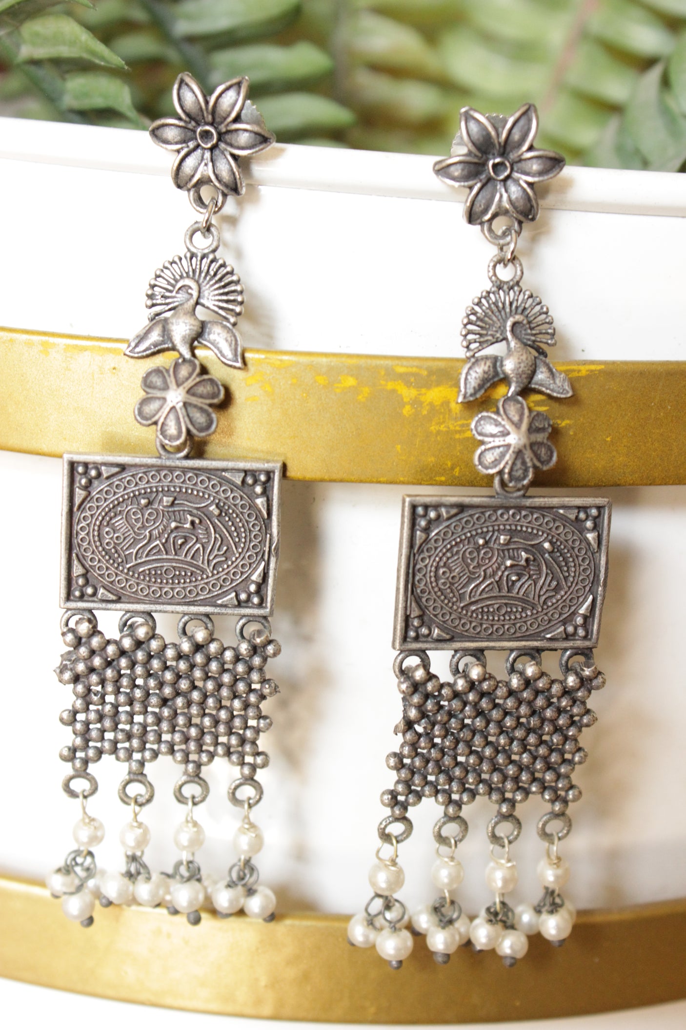 Bird and Flower Motifs Intricately Detailed Long Dangler Brass Earrings