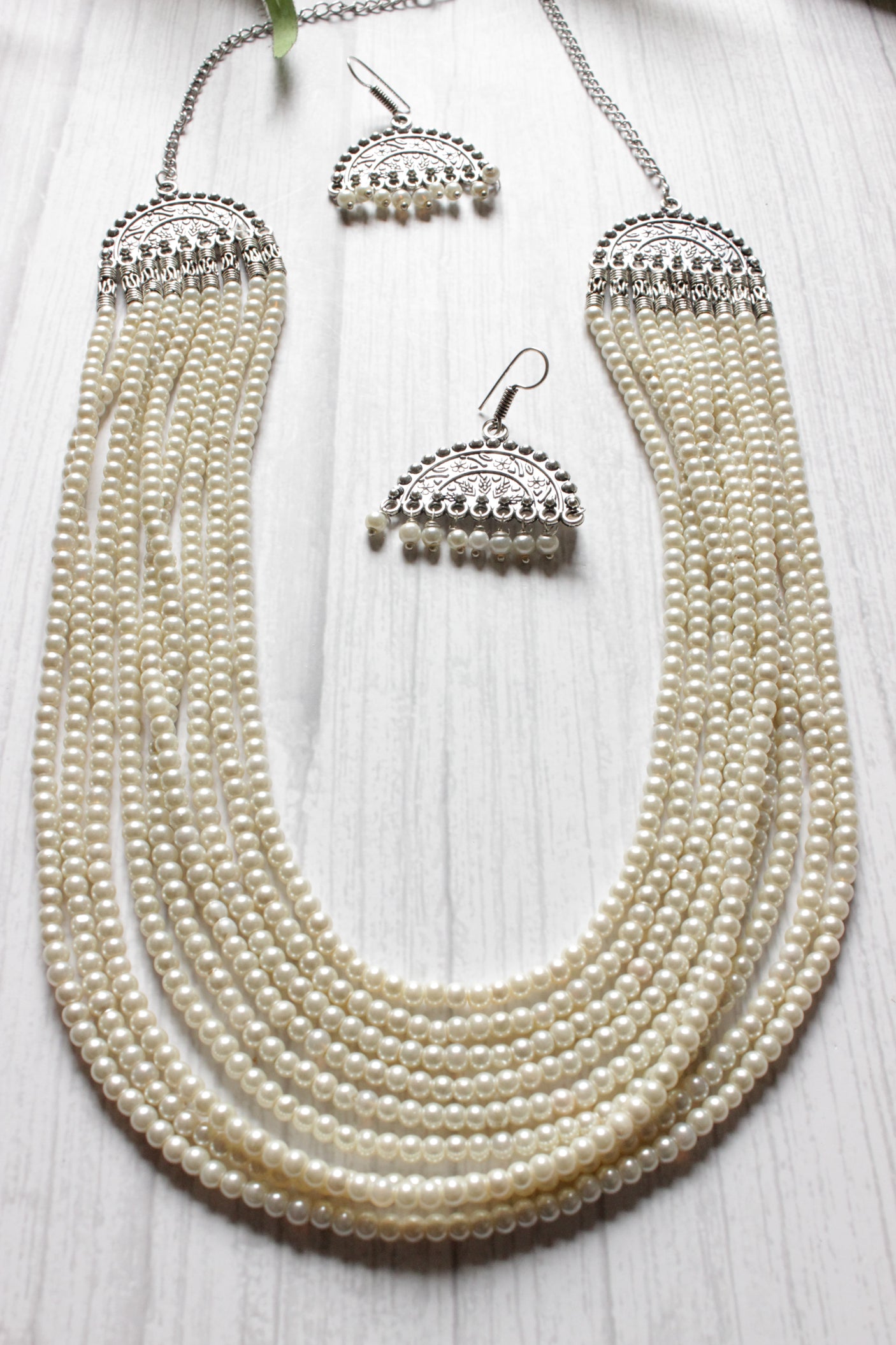 Multi layered White Pearl Beaded Necklace Set