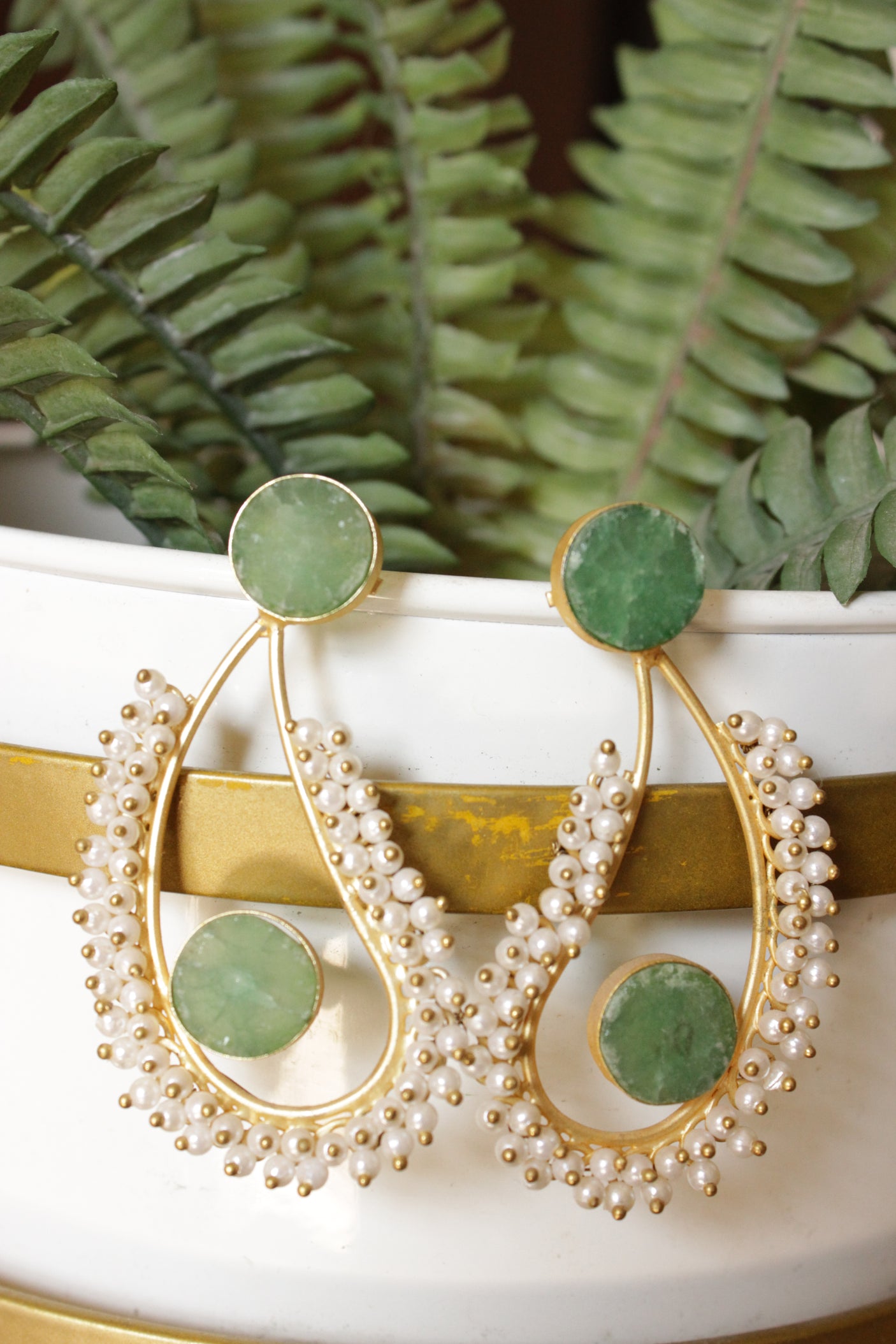 Sea Green Raw Natural Gemstones Embedded Gold Toned Brass Teardrop Shaped Earrings Accentuated with White Beads