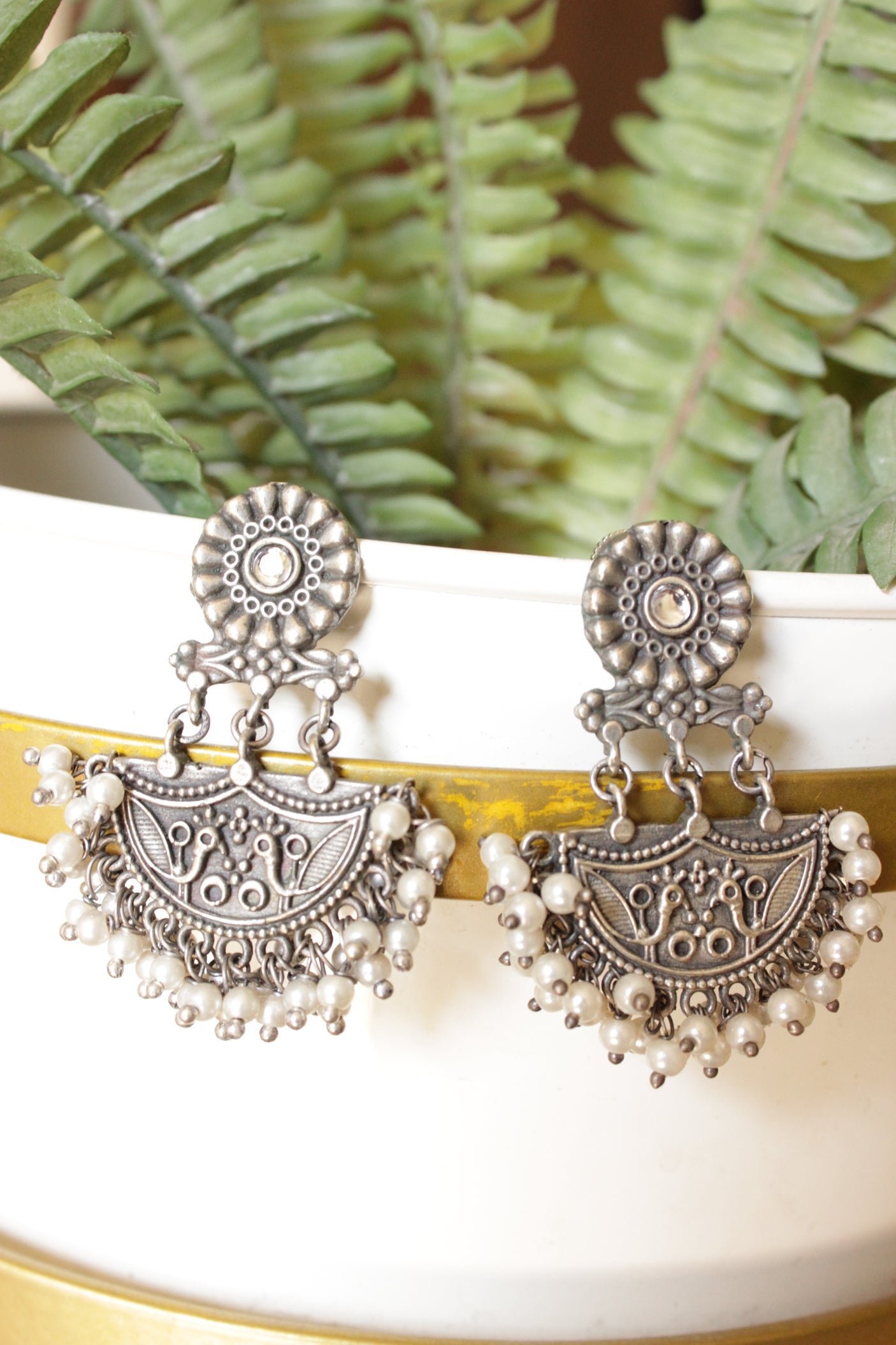 Peacock Motifs Half Moon Oxidised Finish Brass Earrings