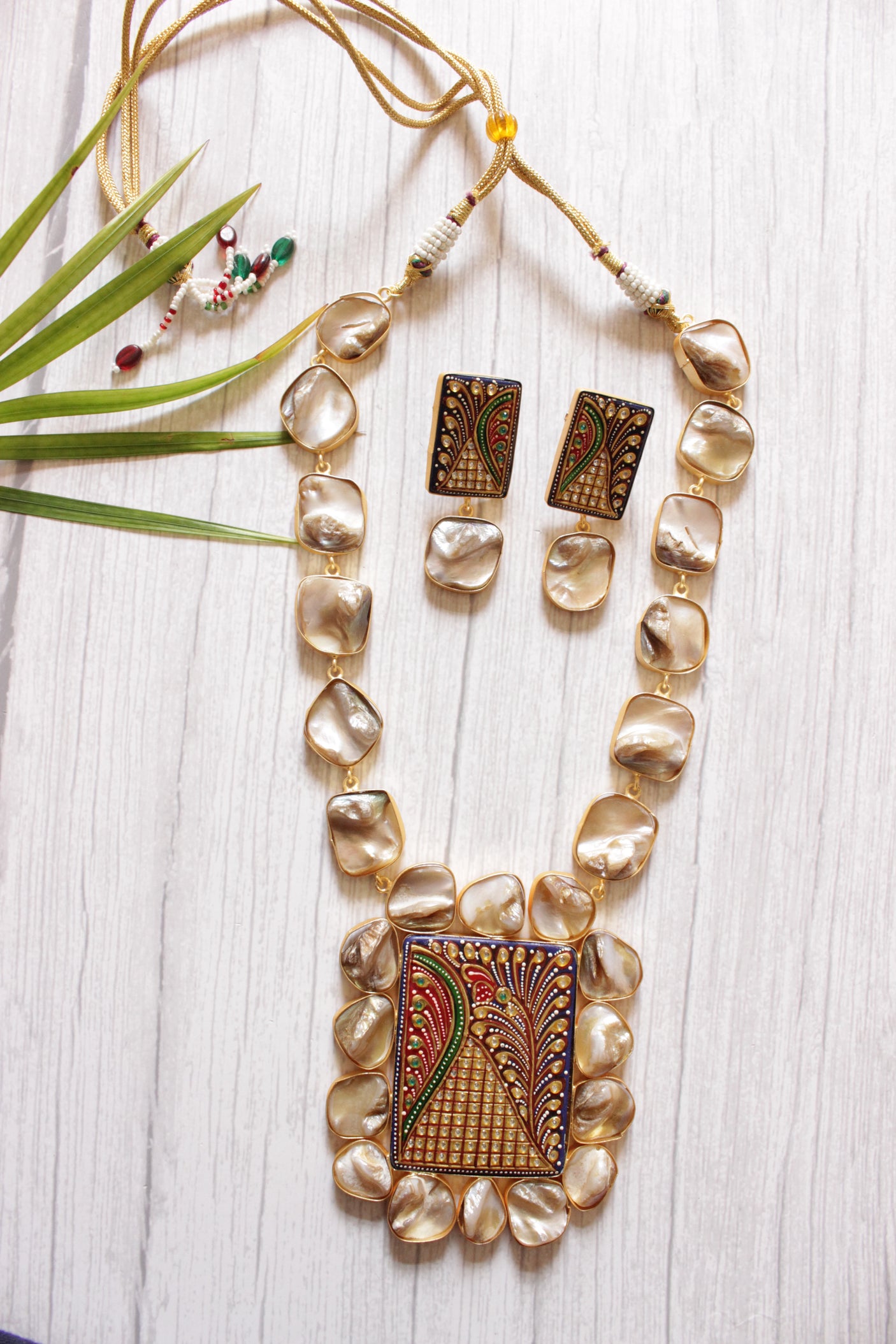 Baroque Pearl Natural Gemstones Embedded Statement Meenakari Work Pendant Elaborate Ethnic Necklace Set