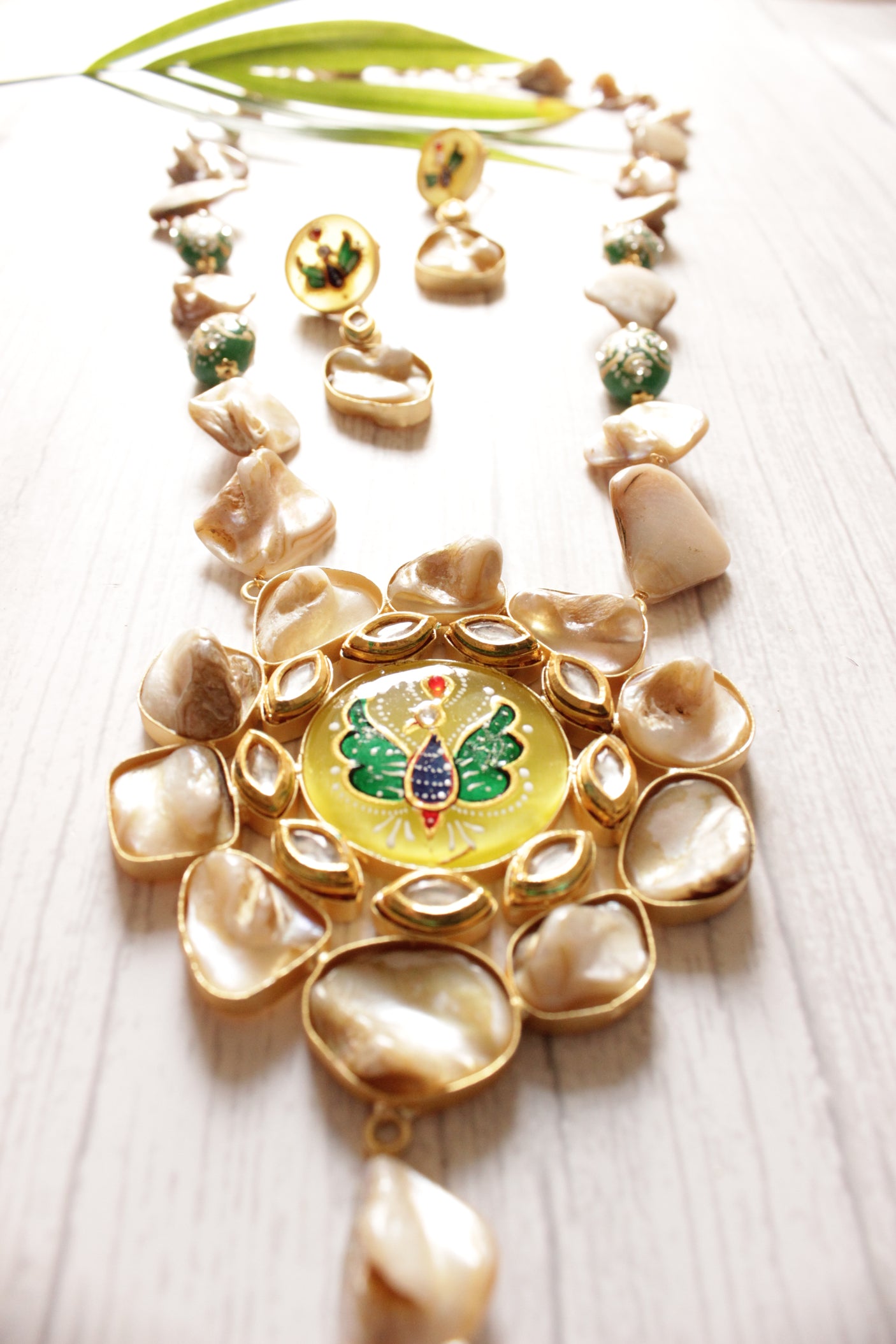 Baroque Pearl Natural Gemstones Embedded Statement Meenakari Work and Kundan Stones Pendant Elaborate Ethnic Necklace Set