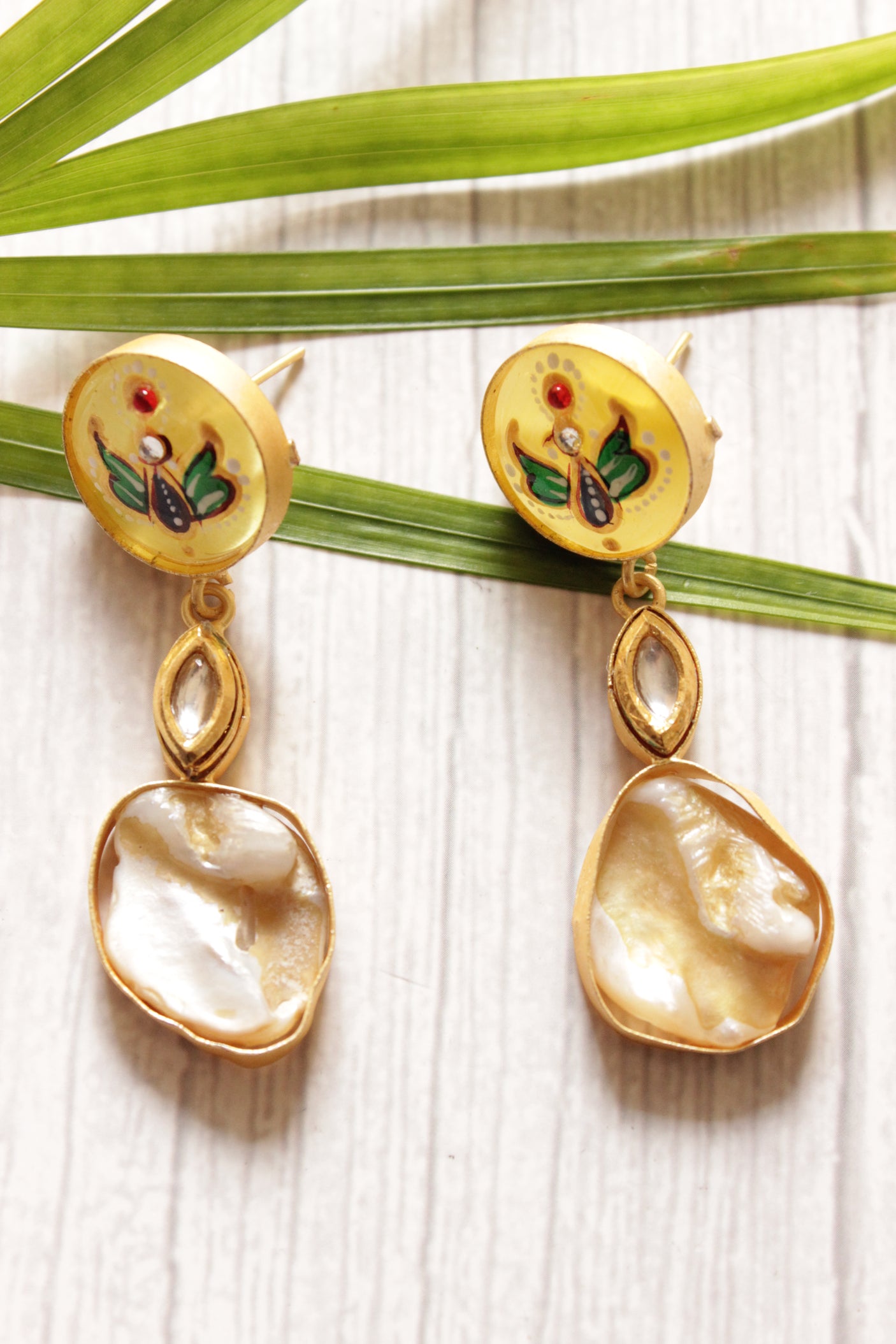 Baroque Pearl Natural Gemstones Embedded Statement Meenakari Work and Kundan Stones Pendant Elaborate Ethnic Necklace Set