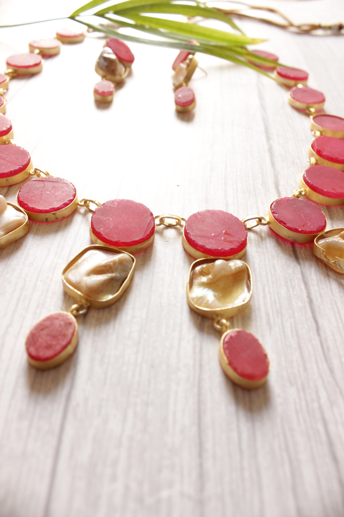 Baroque Pearl and Pink Raw Natural Gemstones Embedded Statement Elaborate Versatile Necklace Set