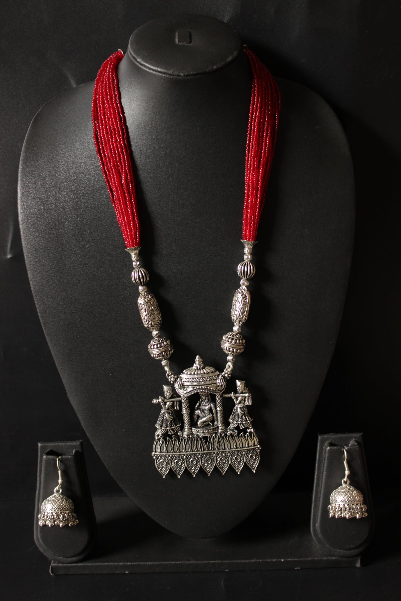 Multi Layer Red Beads Bride Palki Illustrated Metal Pendant Necklace Set