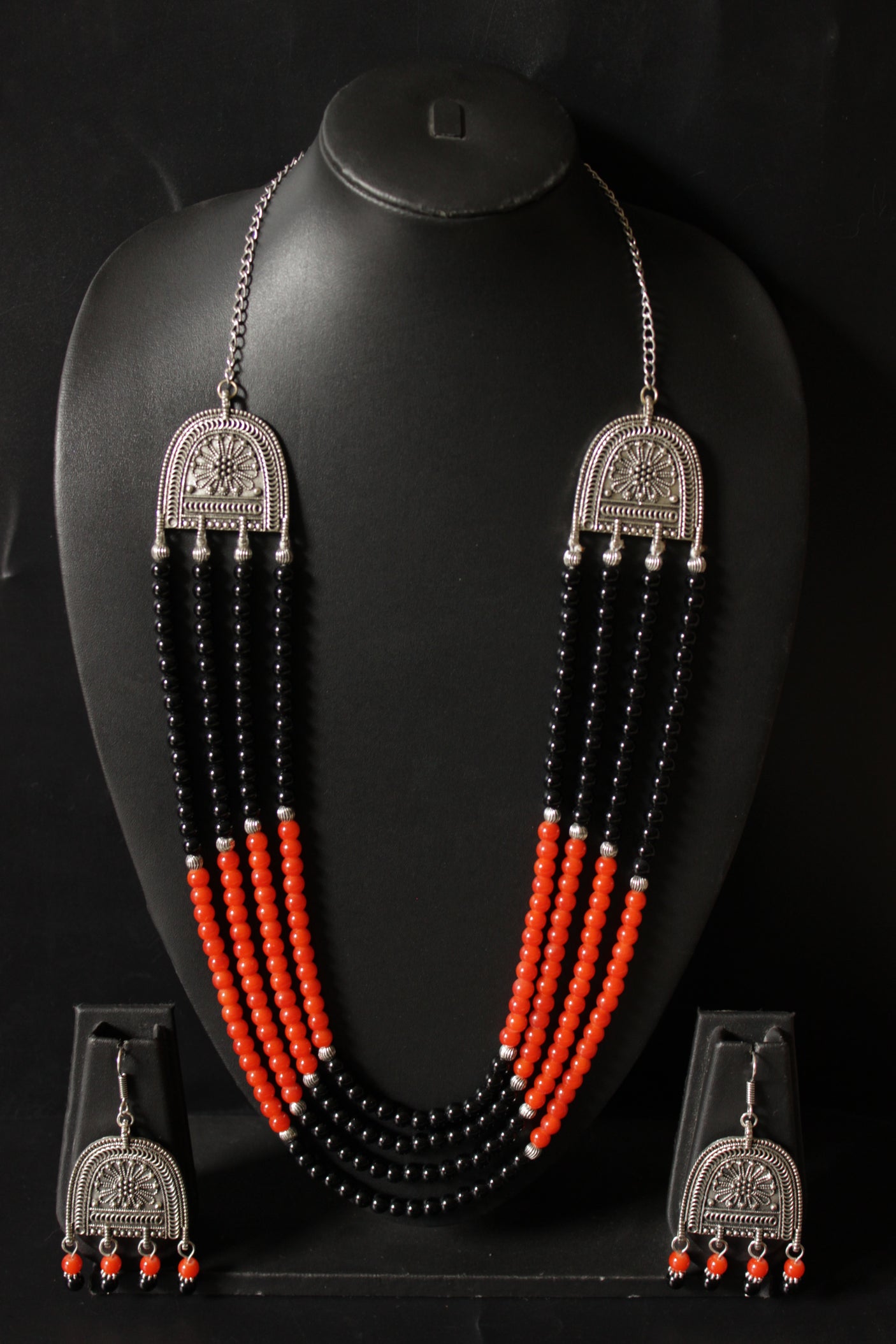 4 Layer Black and Orange Glass Beaded Necklace Set