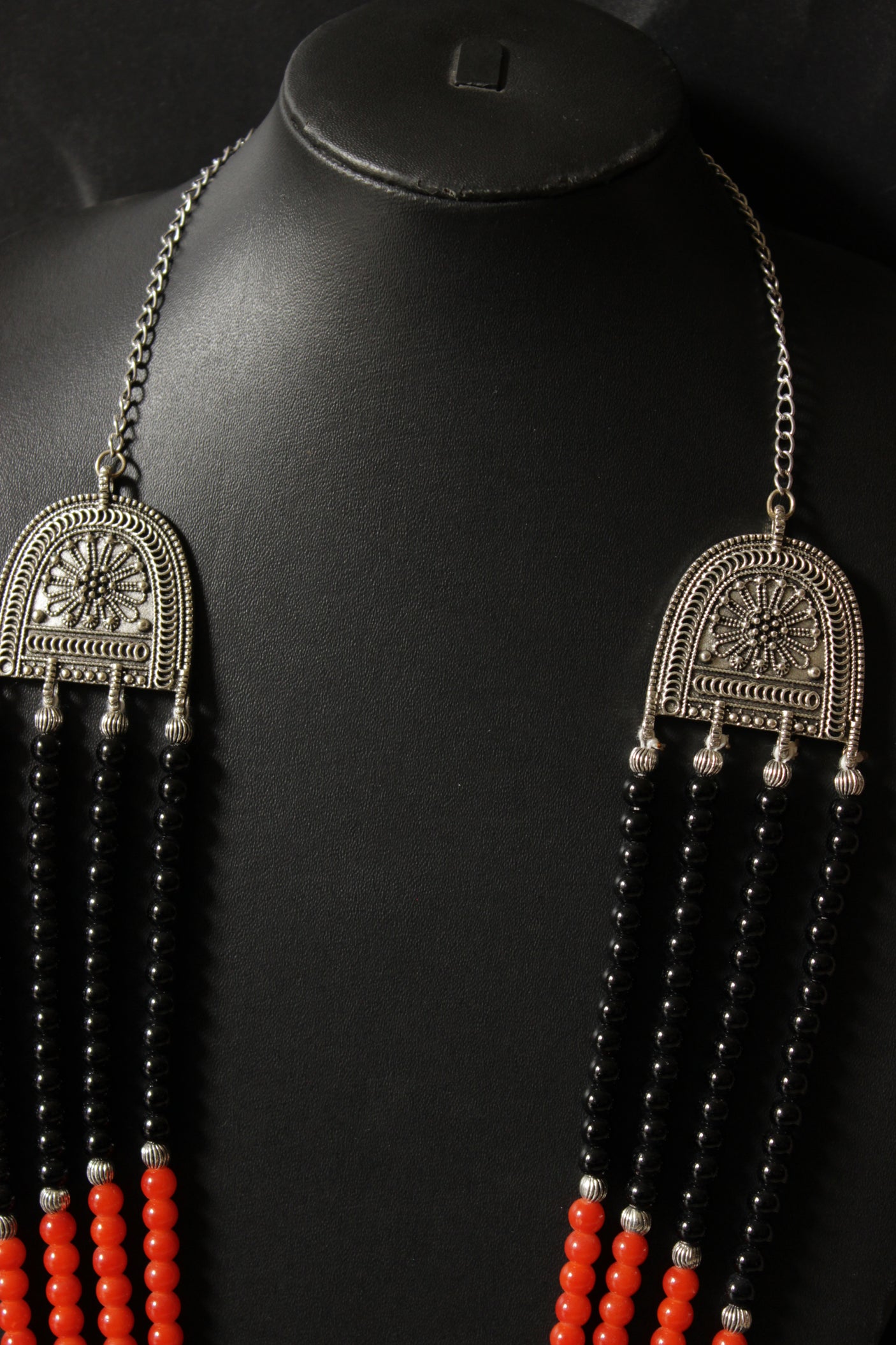 4 Layer Black and Orange Glass Beaded Necklace Set