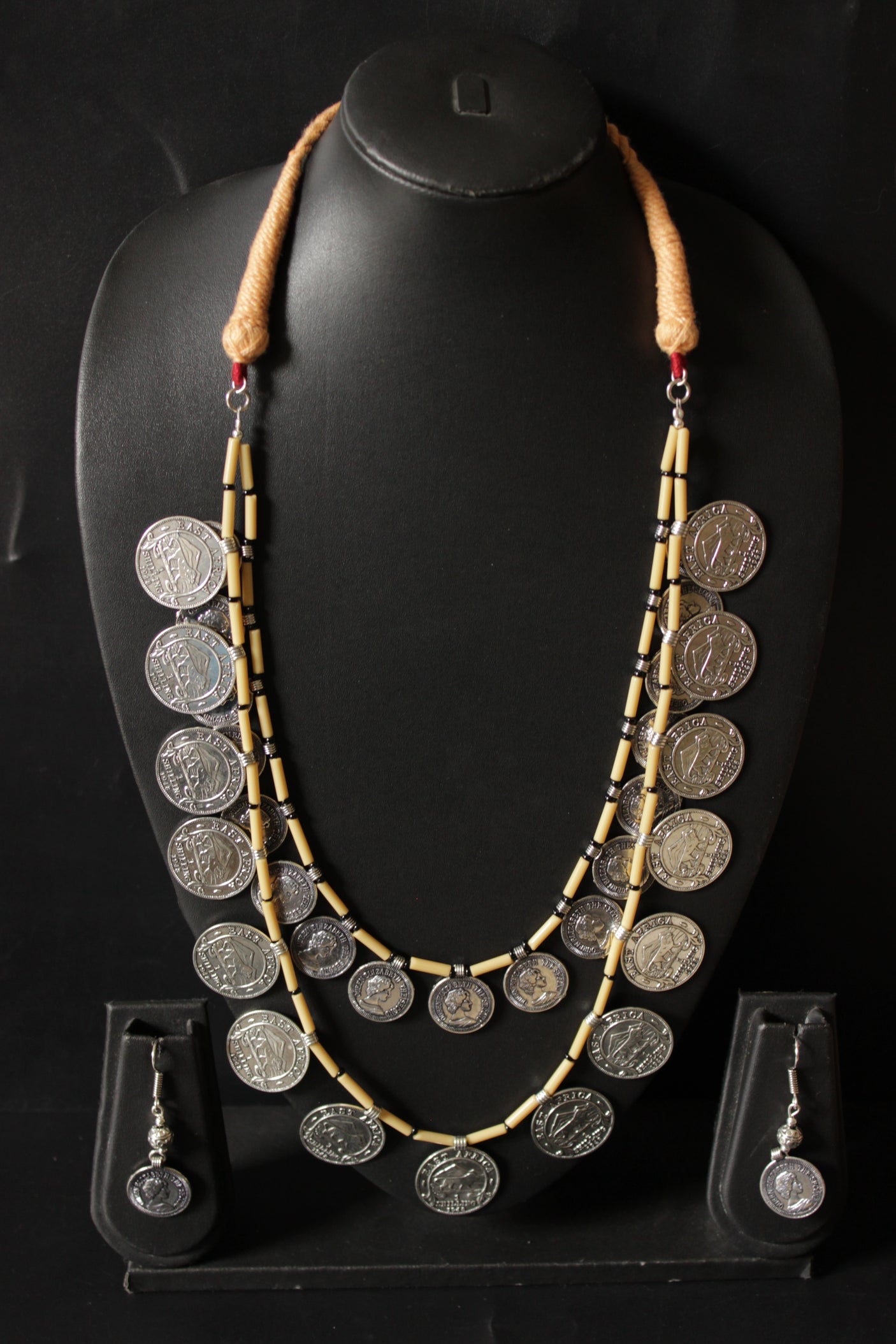 2 Layer Vintage Stamped Coins Necklace Set with Adjustable Thread Closure