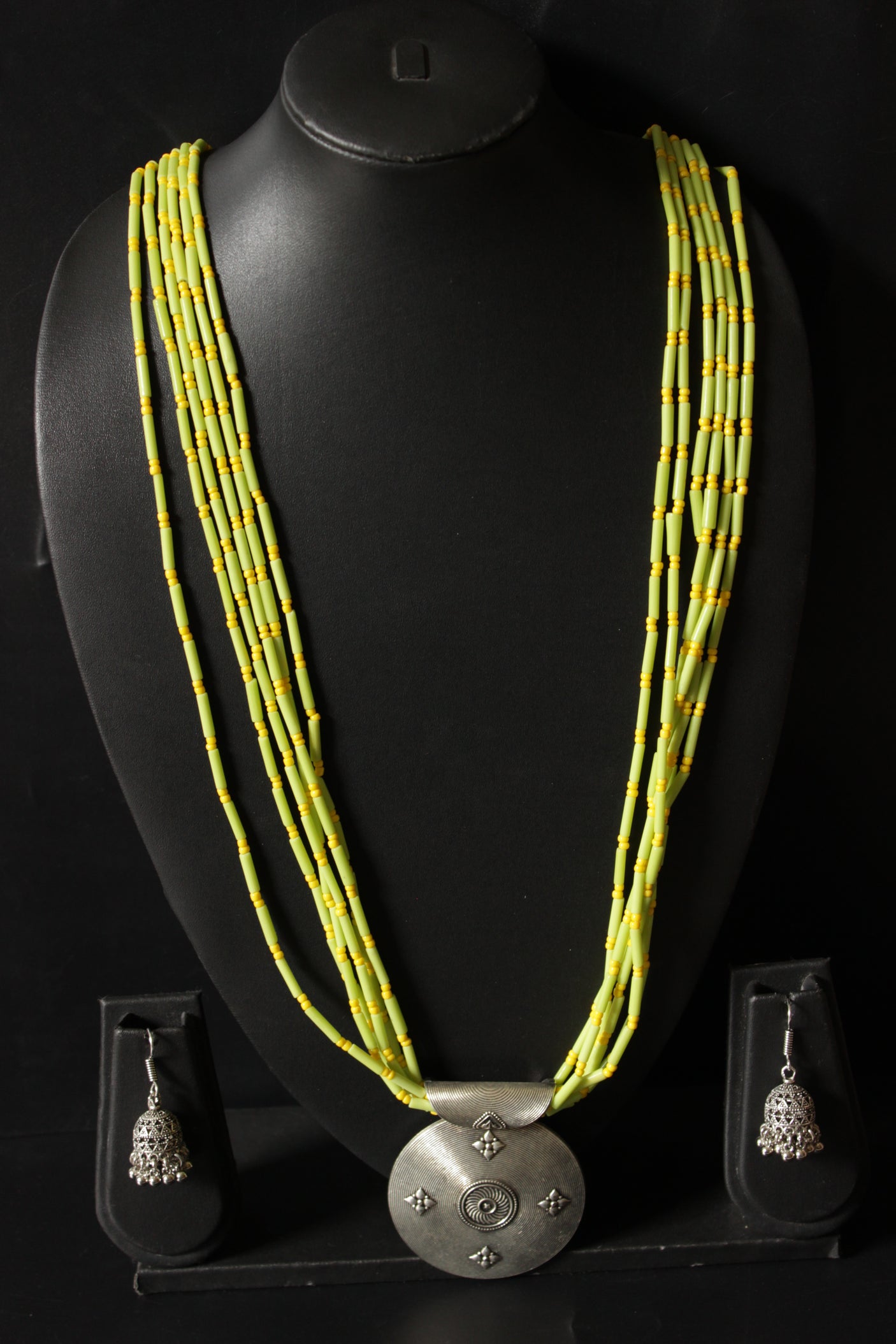 Green and Yellow Glass Beaded Warrior Pendant Necklace Set
