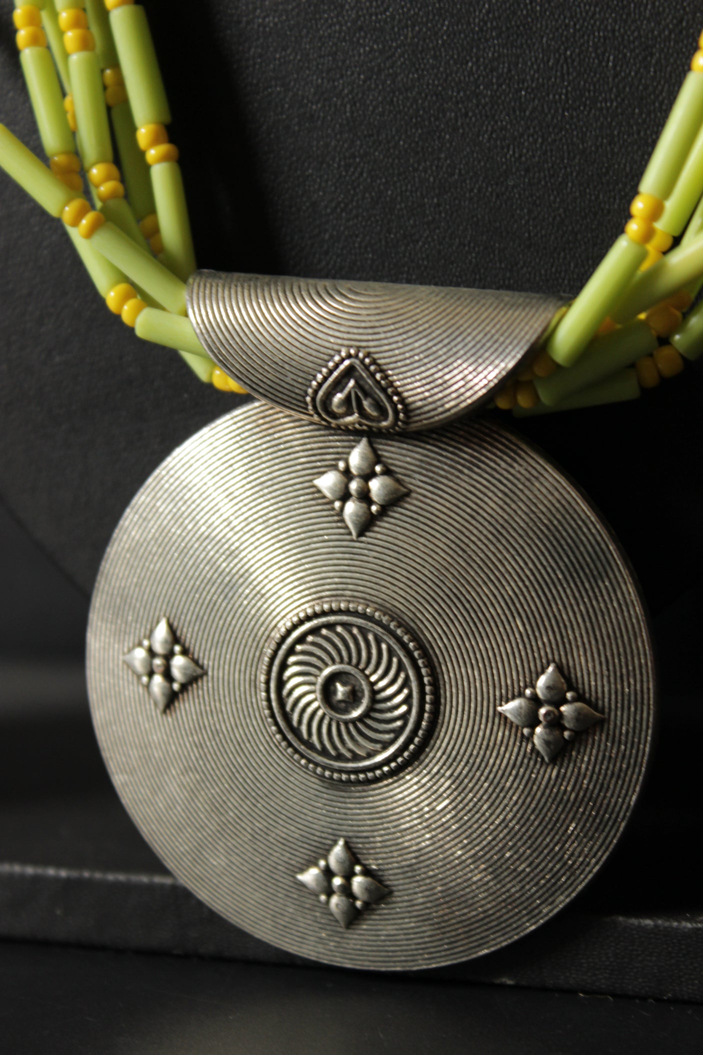 Green and Yellow Glass Beaded Warrior Pendant Necklace Set