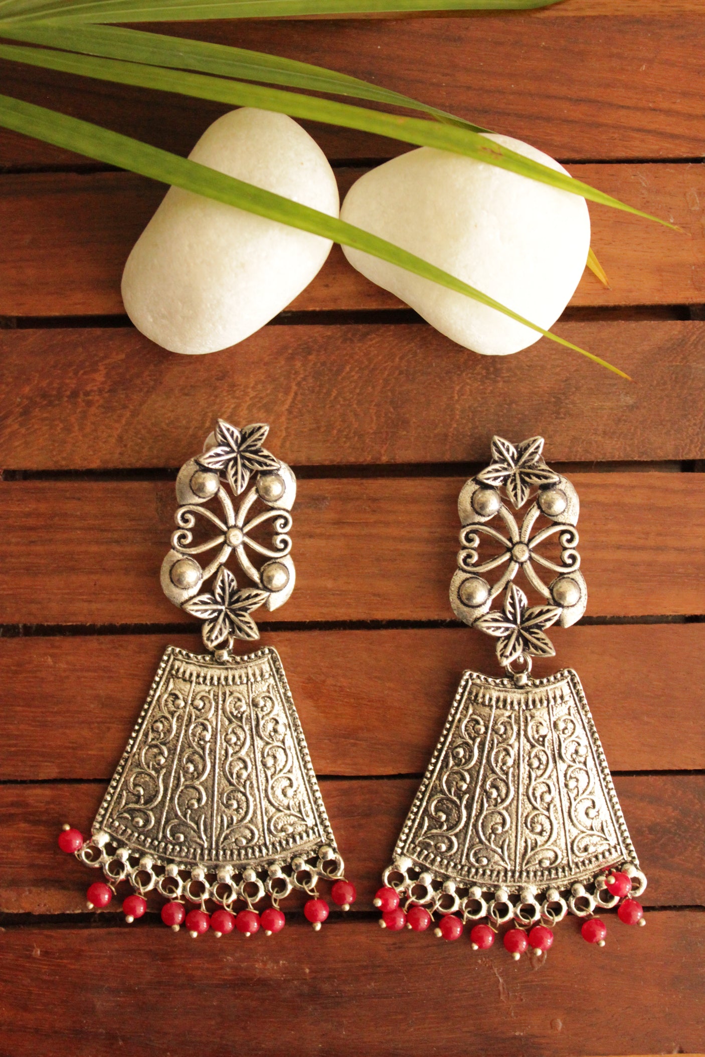 Red Beads Embellished Intricately Detailed Oxidised Finish Brass Earrings