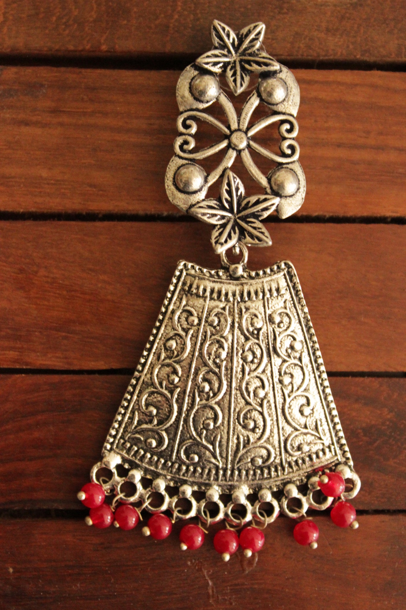 Red Beads Embellished Intricately Detailed Oxidised Finish Brass Earrings