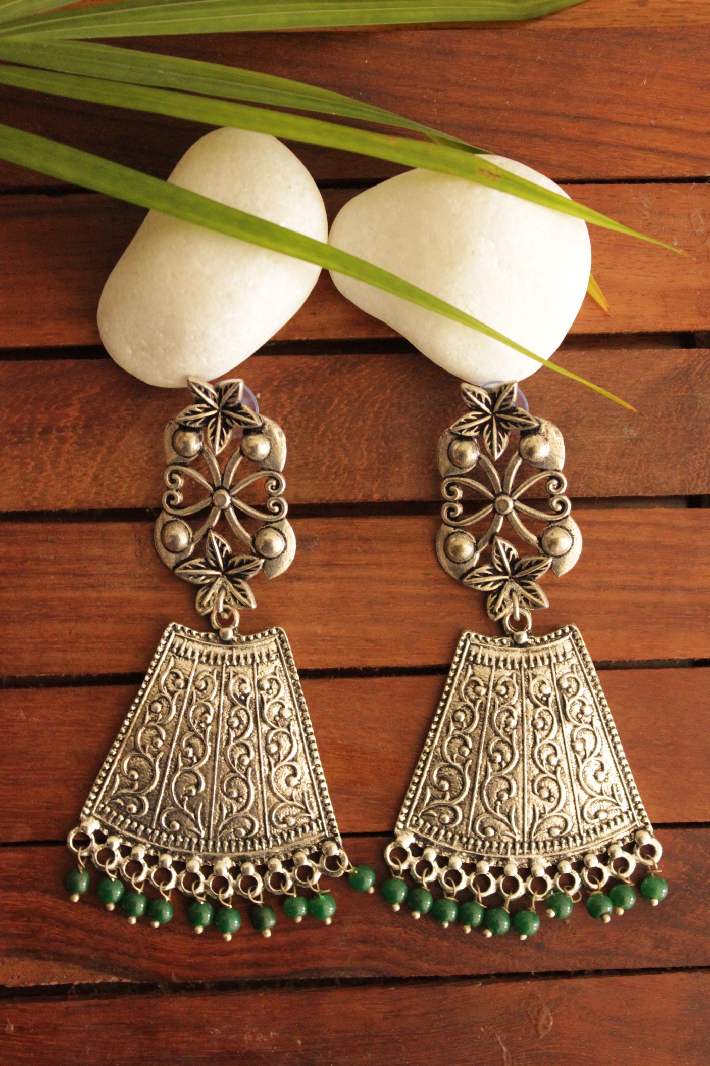 Green Beads Embellished Intricately Detailed Oxidised Finish Brass Earrings