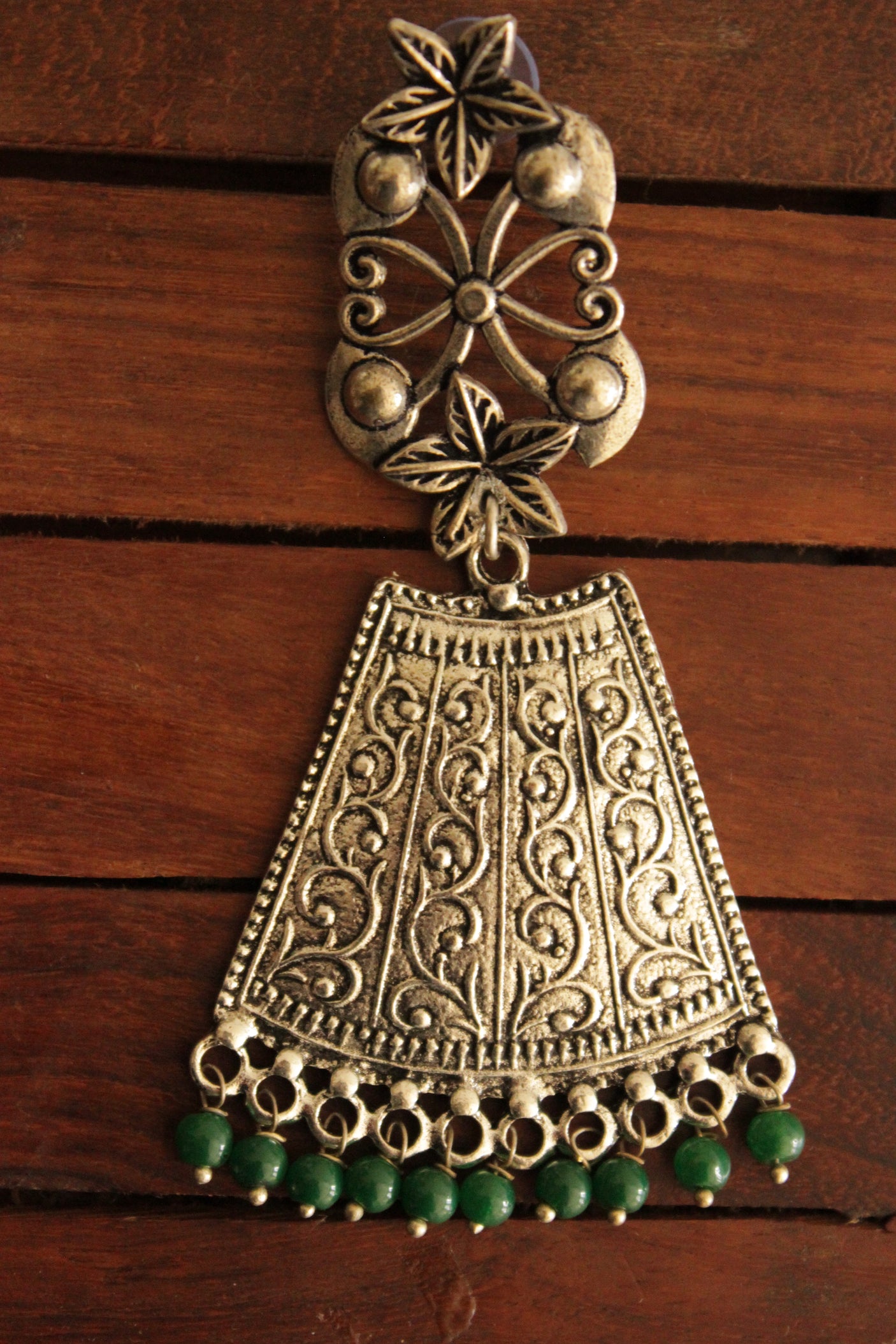 Green Beads Embellished Intricately Detailed Oxidised Finish Brass Earrings