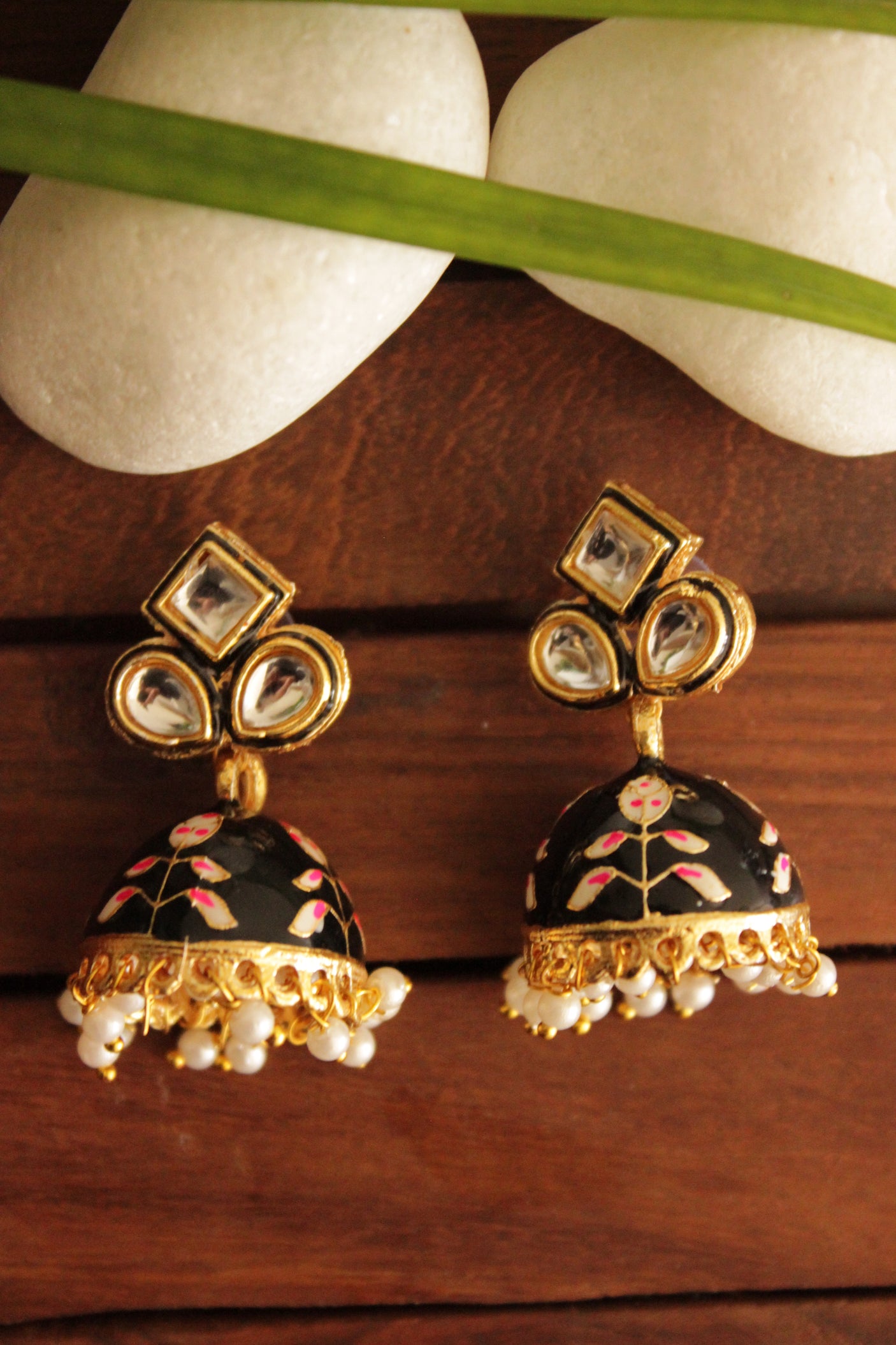 Kundan Stones Embedded Gold Toned Hand Painted Black Meenakari Jhumka Earrrings