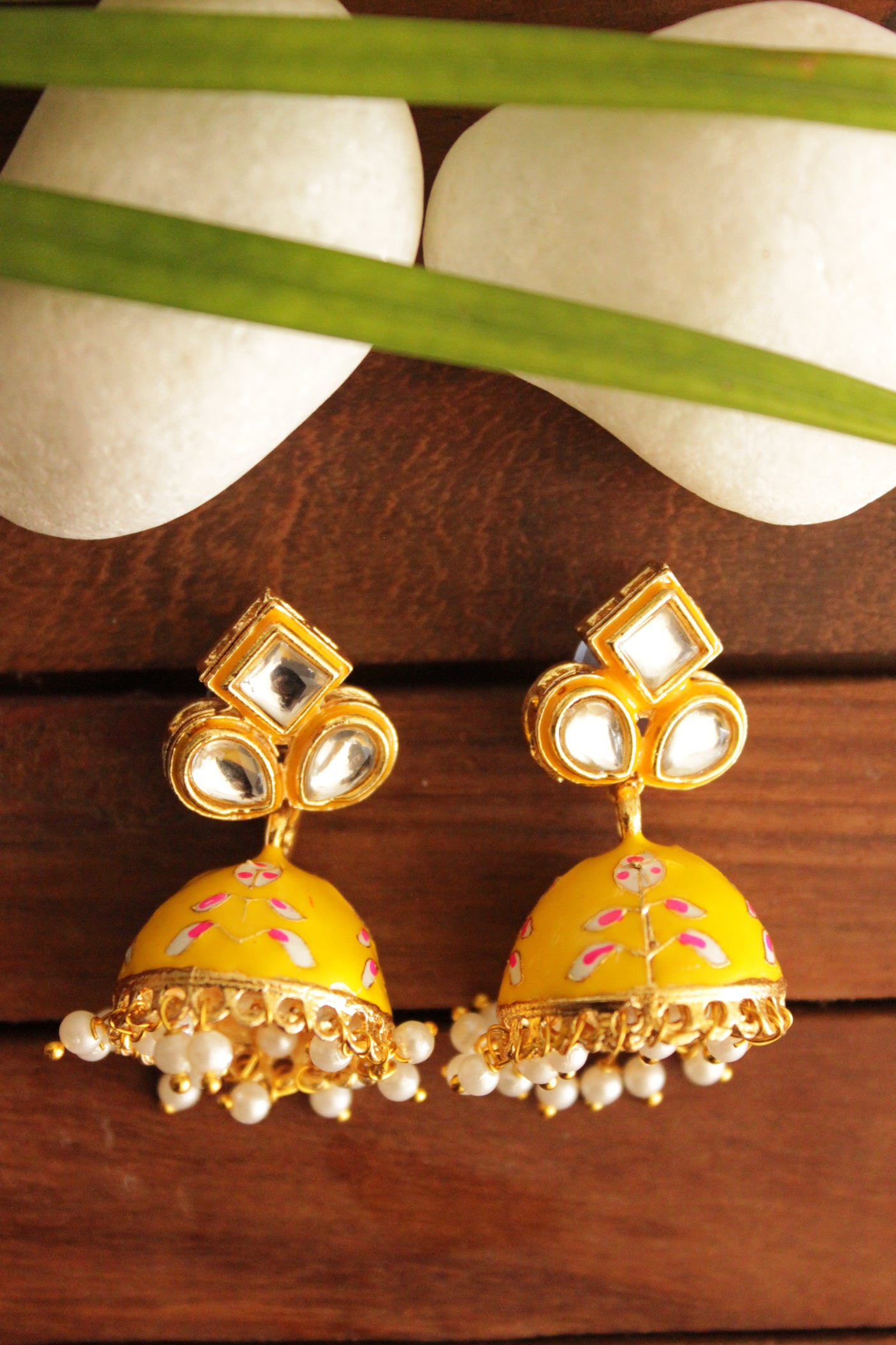 Kundan Stones Embedded Gold Toned Hand Painted Yellow Meenakari Jhumka Earrrings