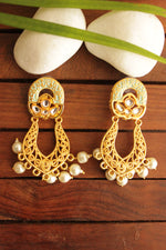 Load image into Gallery viewer, Delicate Kundan Stones Embedded Turquoise Hand Painted Meenakari Work Gold Toned Brass Earrings
