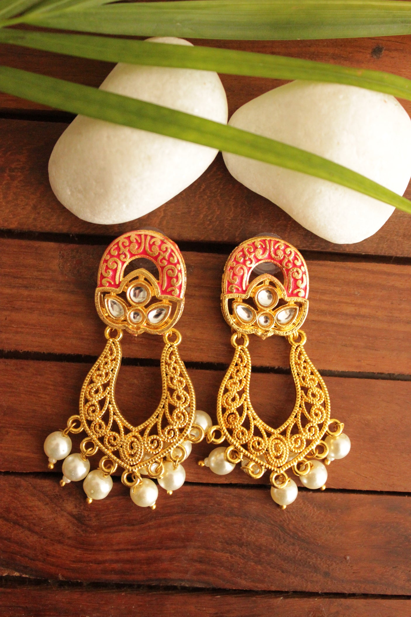 Delicate Kundan Stones Embedded Red Hand Painted Meenakari Work Gold Toned Brass Earrings