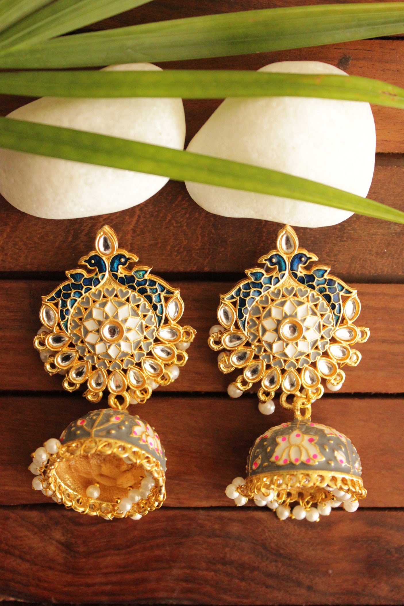 Elaborate Kundan Stones Embedded Gold Toned Hand Painted Peacock Motifs Grey Meenakari Jhumka Earrrings