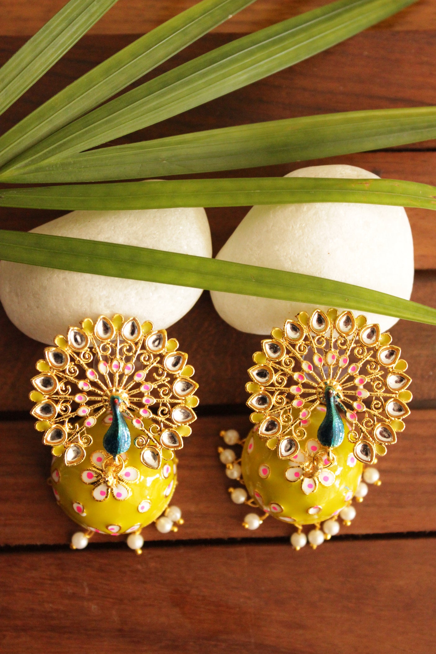 Elaborate Peacock Gold Toned Hand Painted Kundan Stones Embedded Mehendi Green Meenakari Jhumka Earrrings