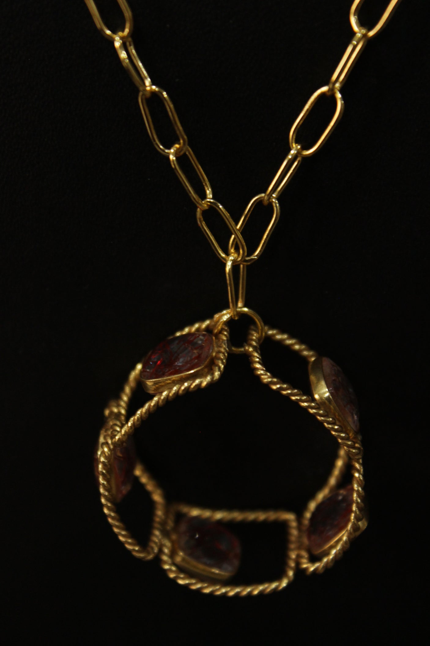 Faceted Red Rutile Quartz Natural Gemstone Embedded Gold Plated Necklace