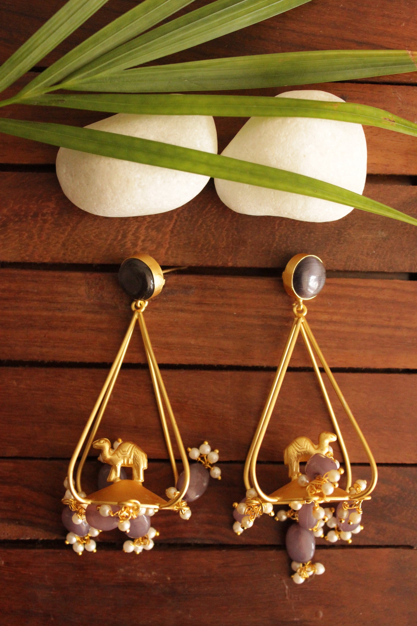 Camel Motif Gold Finish Brass Dangler Earrings Accentuated with Purple Grey Beads