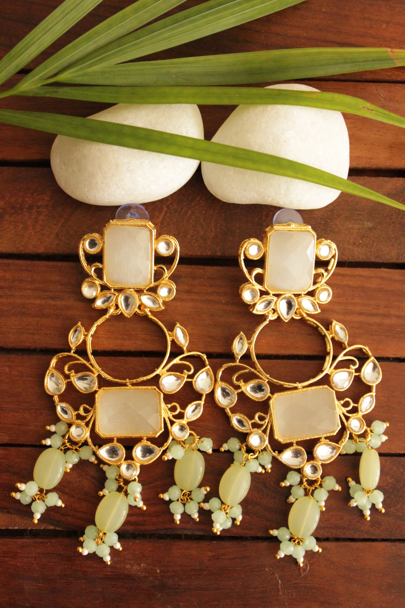 Ivory Raw Natural Gemstones and Kundan Embellished Gold Finish Mint Green Festive Earrings