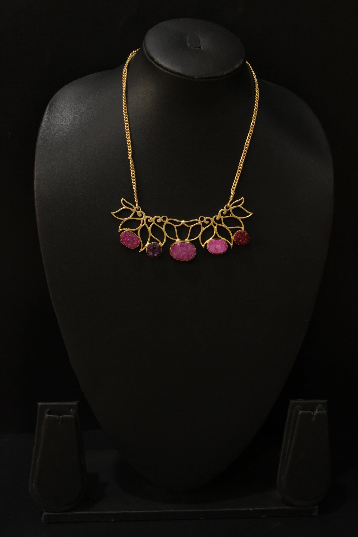 Pink Titanium Druzy Natural Gemstone Embedded Gold Plated Necklace