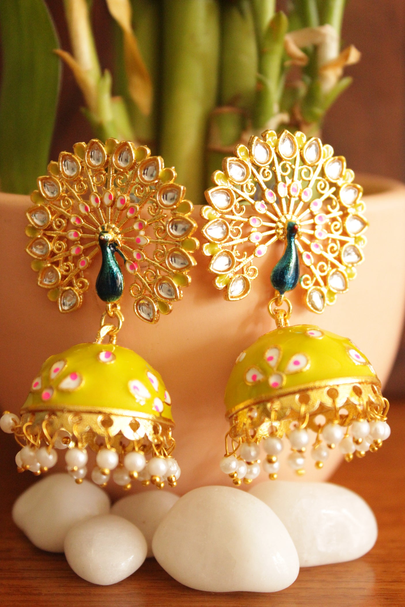 Elaborate Peacock Gold Toned Hand Painted Kundan Stones Embedded Mehendi Green Meenakari Jhumka Earrrings