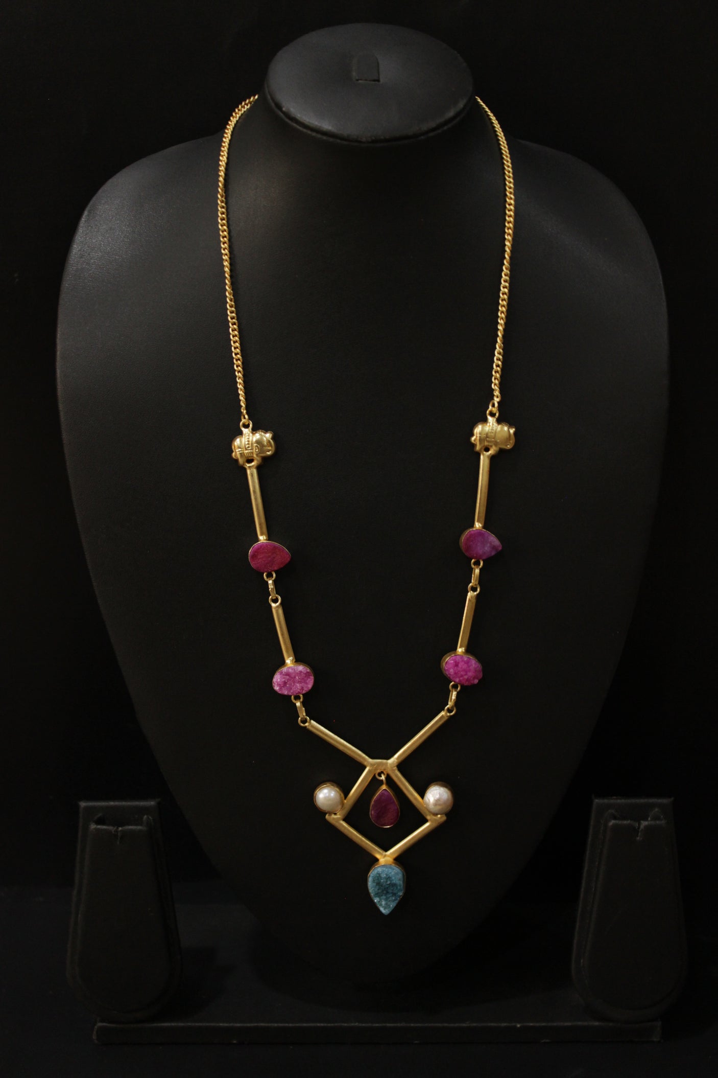 Elephant Charm Pink Druzy Gemstone Gold Plated Necklace