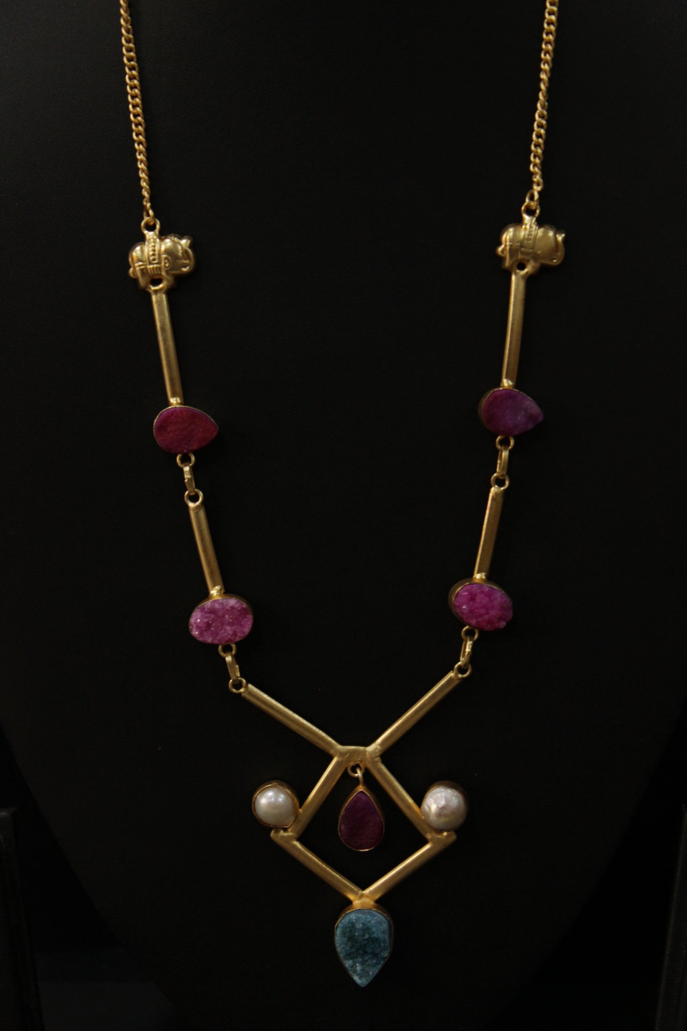 Elephant Charm Pink Druzy Gemstone Gold Plated Necklace