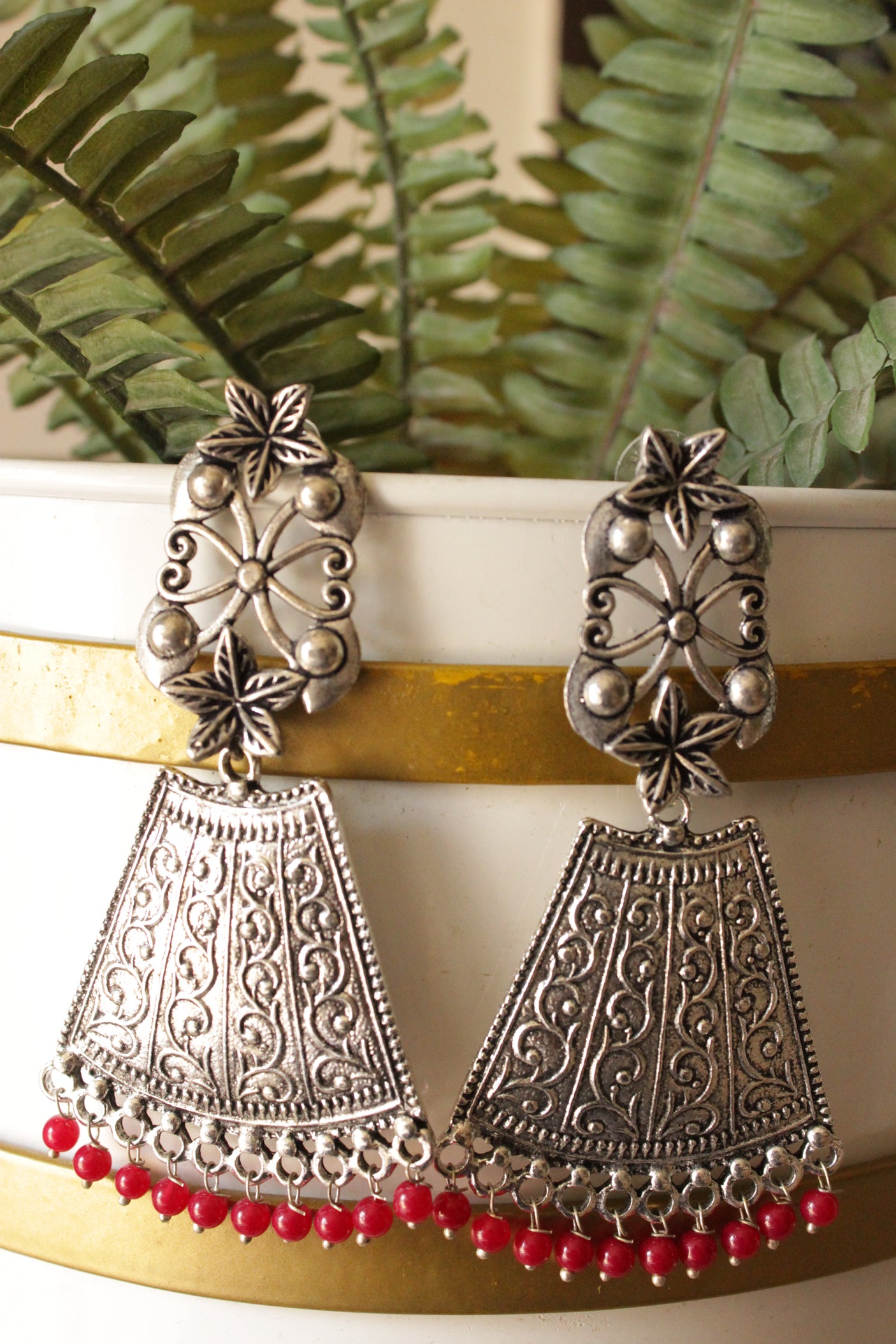 Red Beads Embellished Intricately Detailed Oxidised Finish Brass Earrings