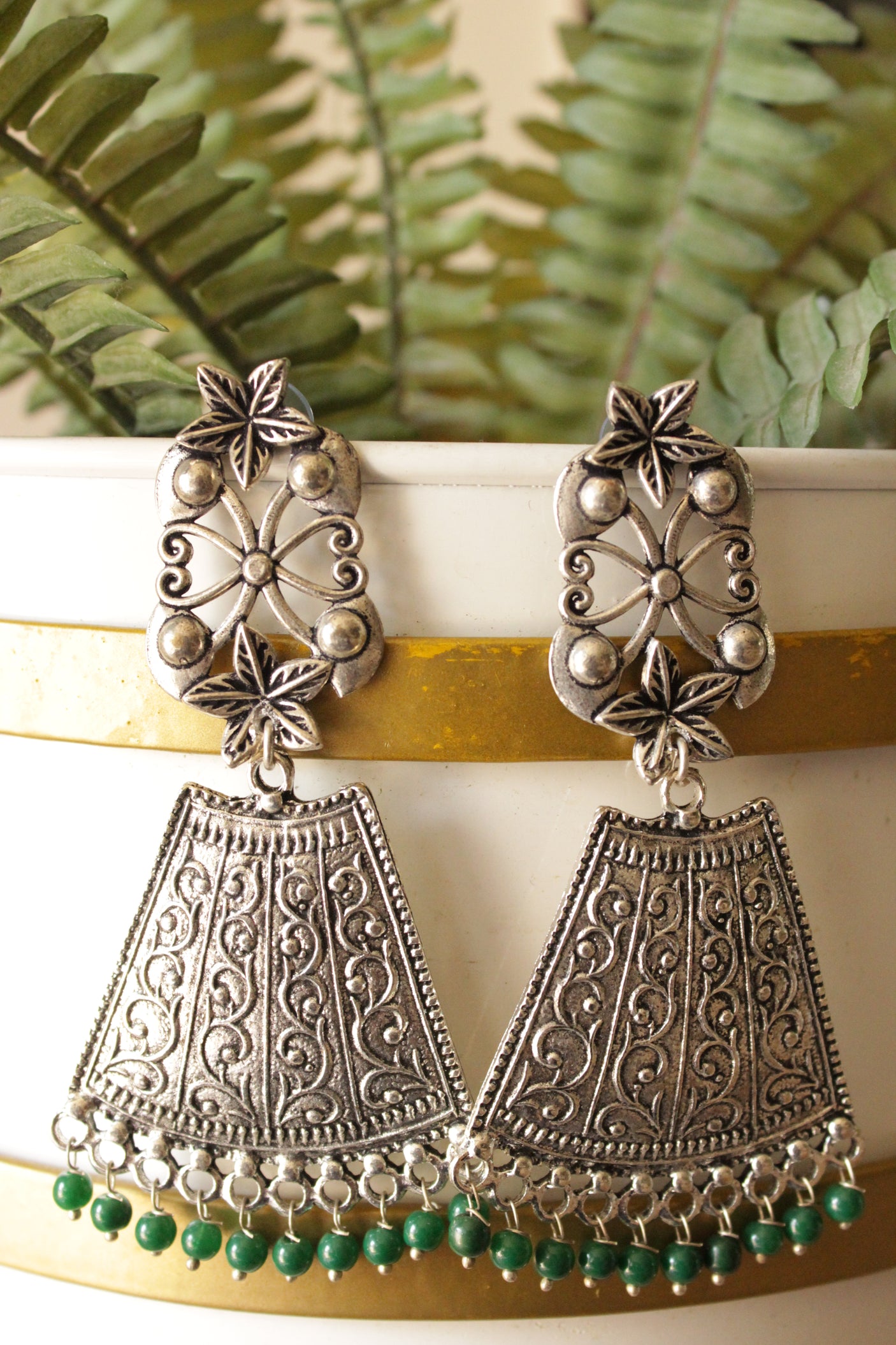 Green Beads Embellished Intricately Detailed Oxidised Finish Brass Earrings