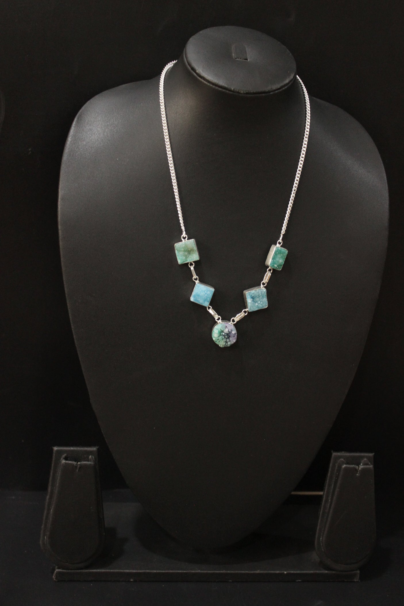 Multi Sugar Druzy Rare Natural Gemstone Embedded Silver Plated Handmade Necklace