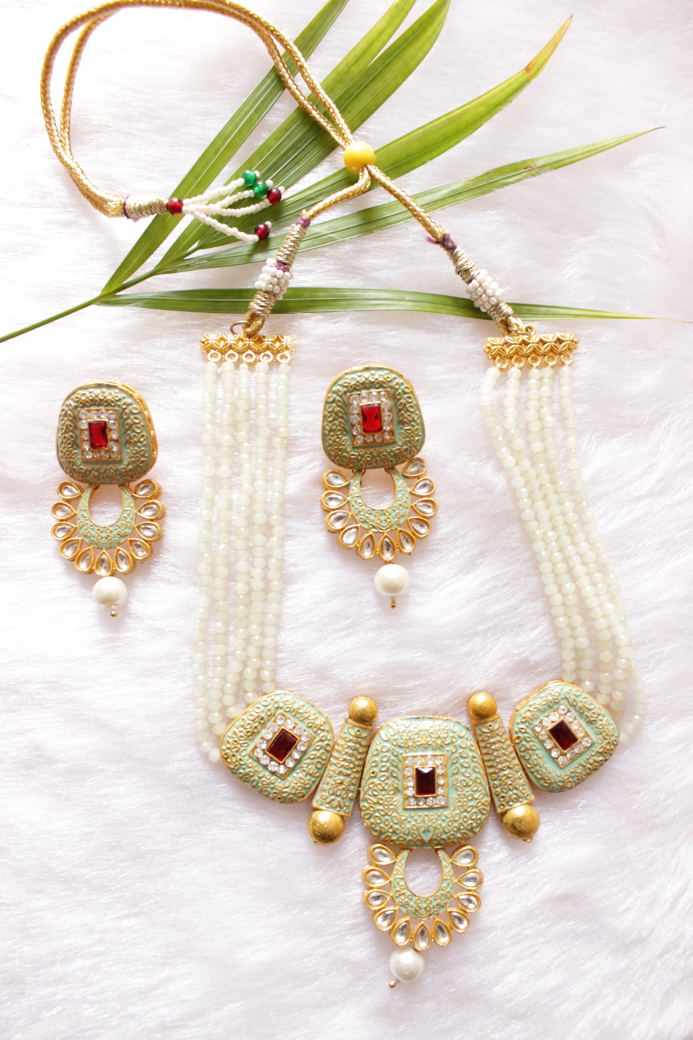 Elaborate Meenakari and Kundan Work Mint Green Hand Painted Necklace Set