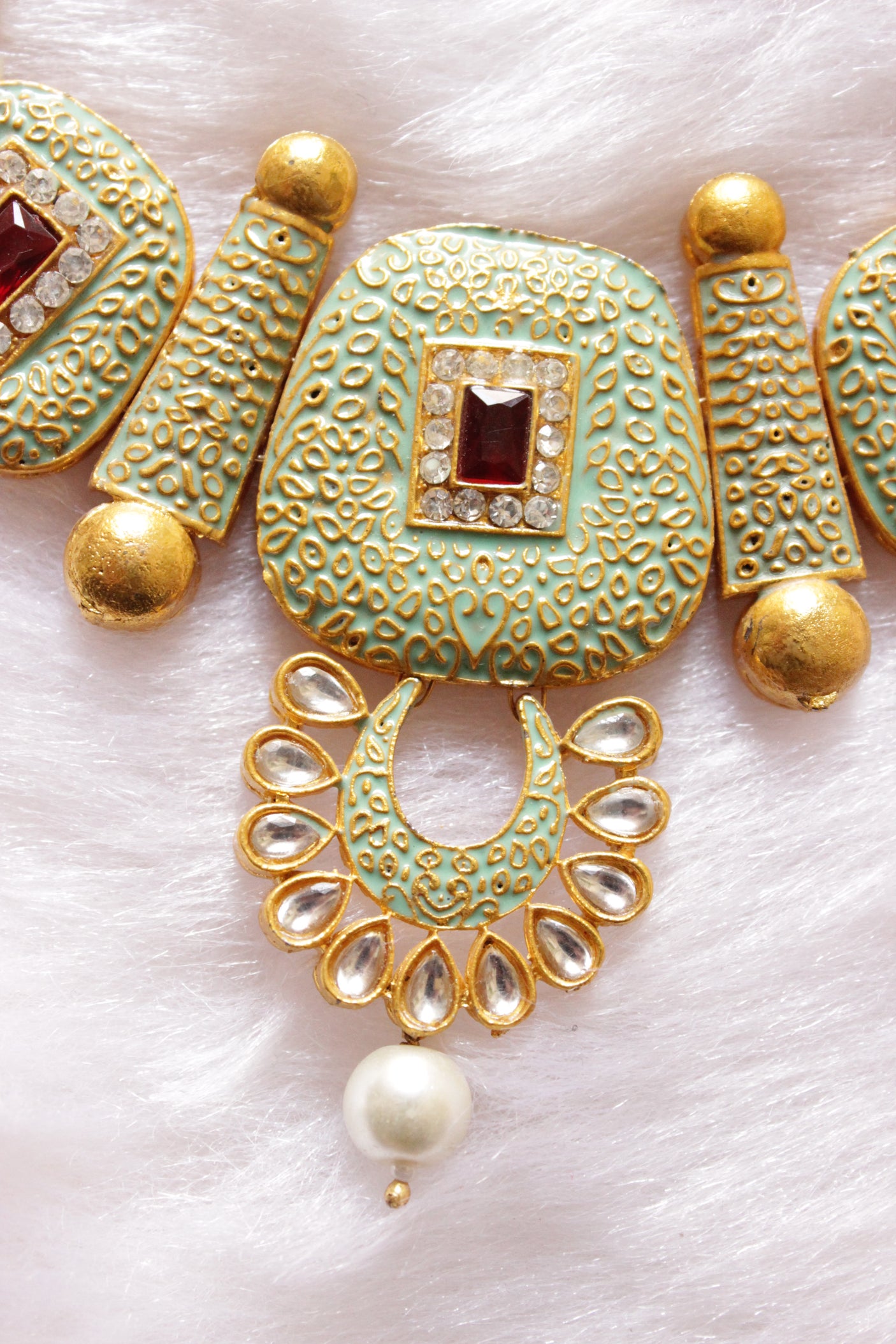 Elaborate Meenakari and Kundan Work Mint Green Hand Painted Necklace Set