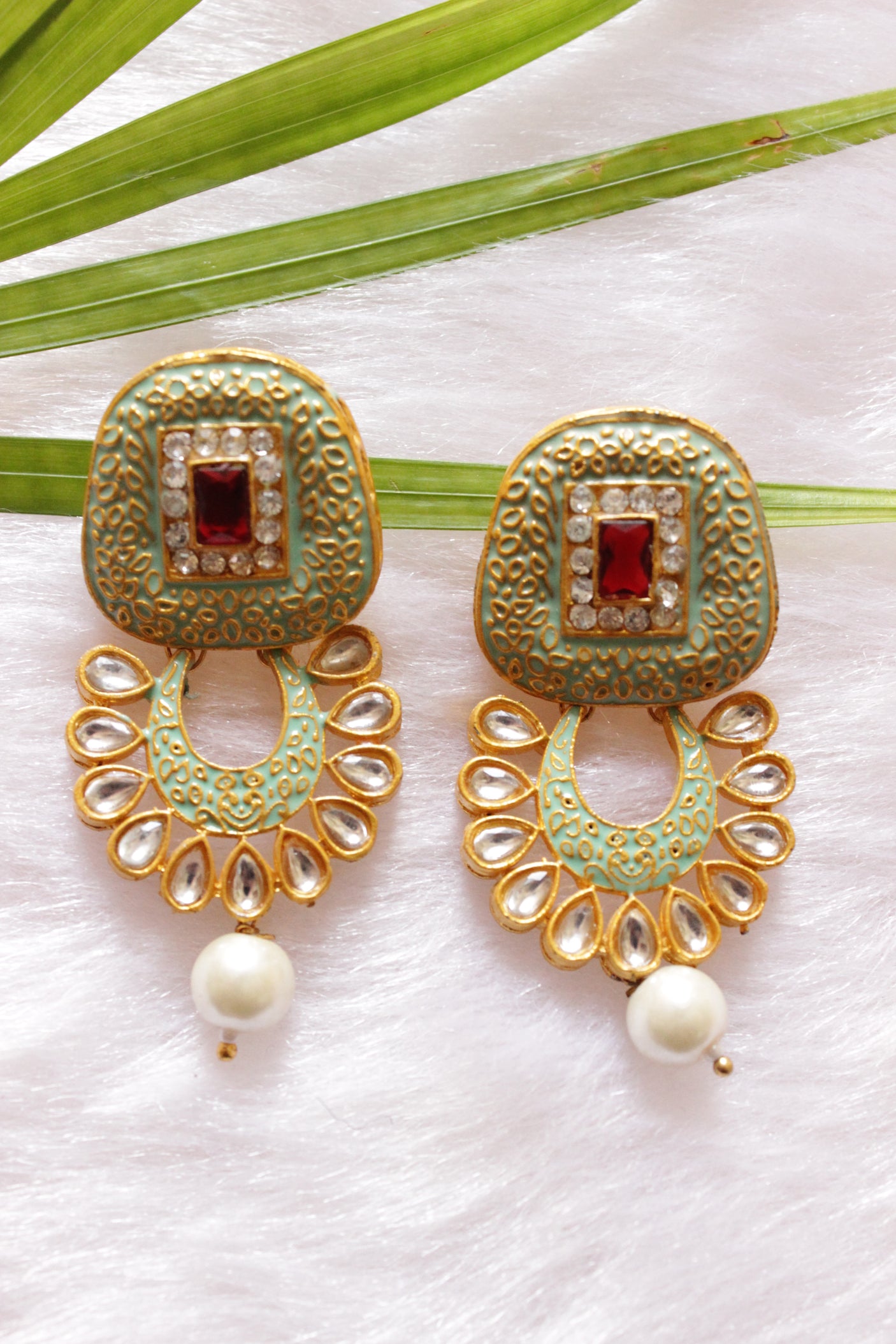 Elaborate Meenakari and Kundan Work Mint Green Hand Painted Necklace Set