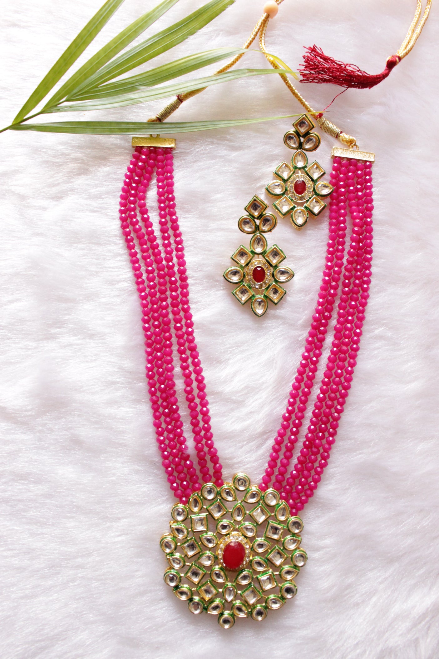 Pink Natural Glass Beads Stringed Kundan Long Necklace Set