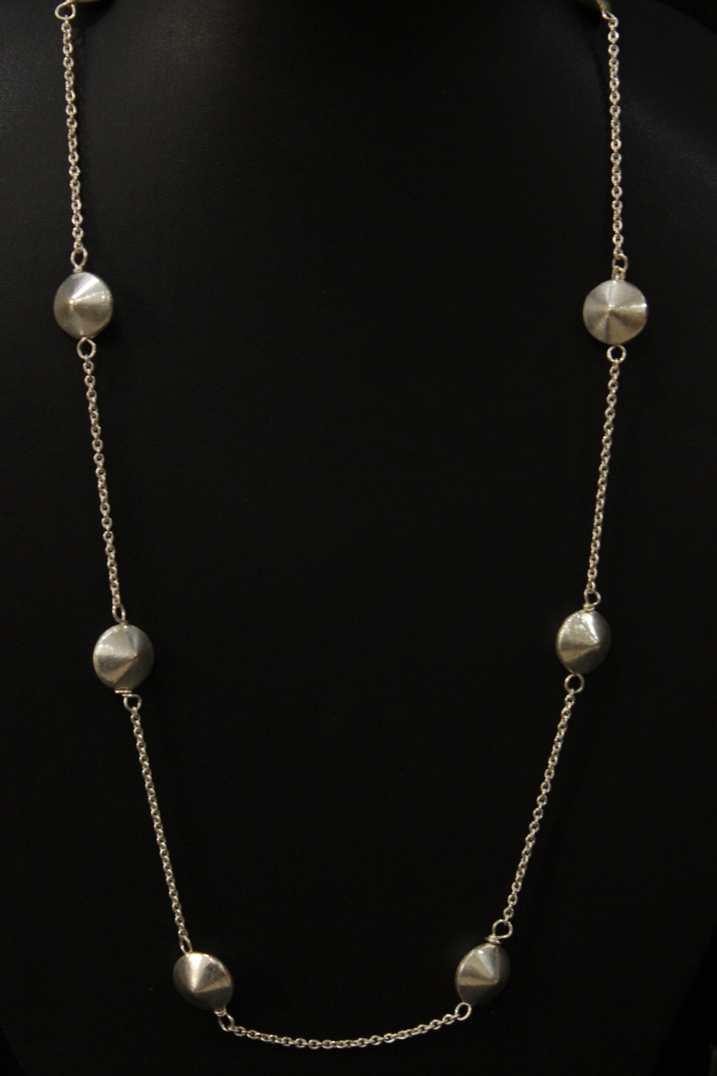 Pyramid Bead Connector Chain Silver Plated Long Necklace