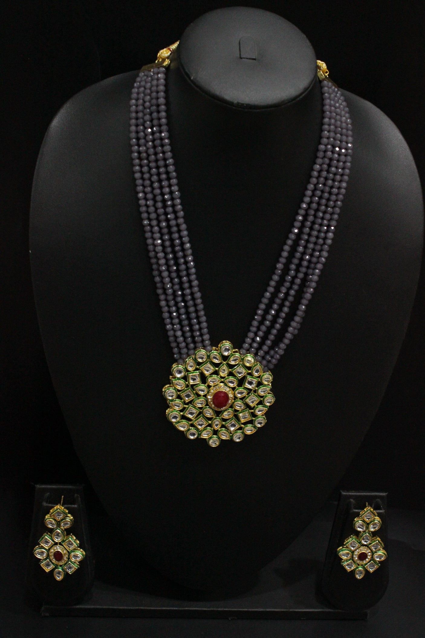 Grey Natural Glass Beads Stringed Kundan Long Necklace Set