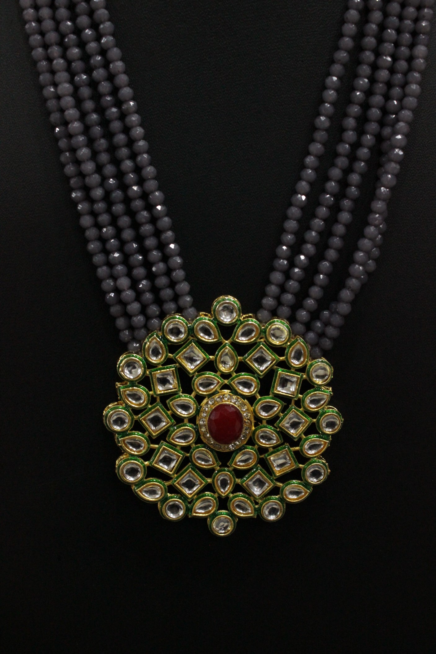 Grey Natural Glass Beads Stringed Kundan Long Necklace Set
