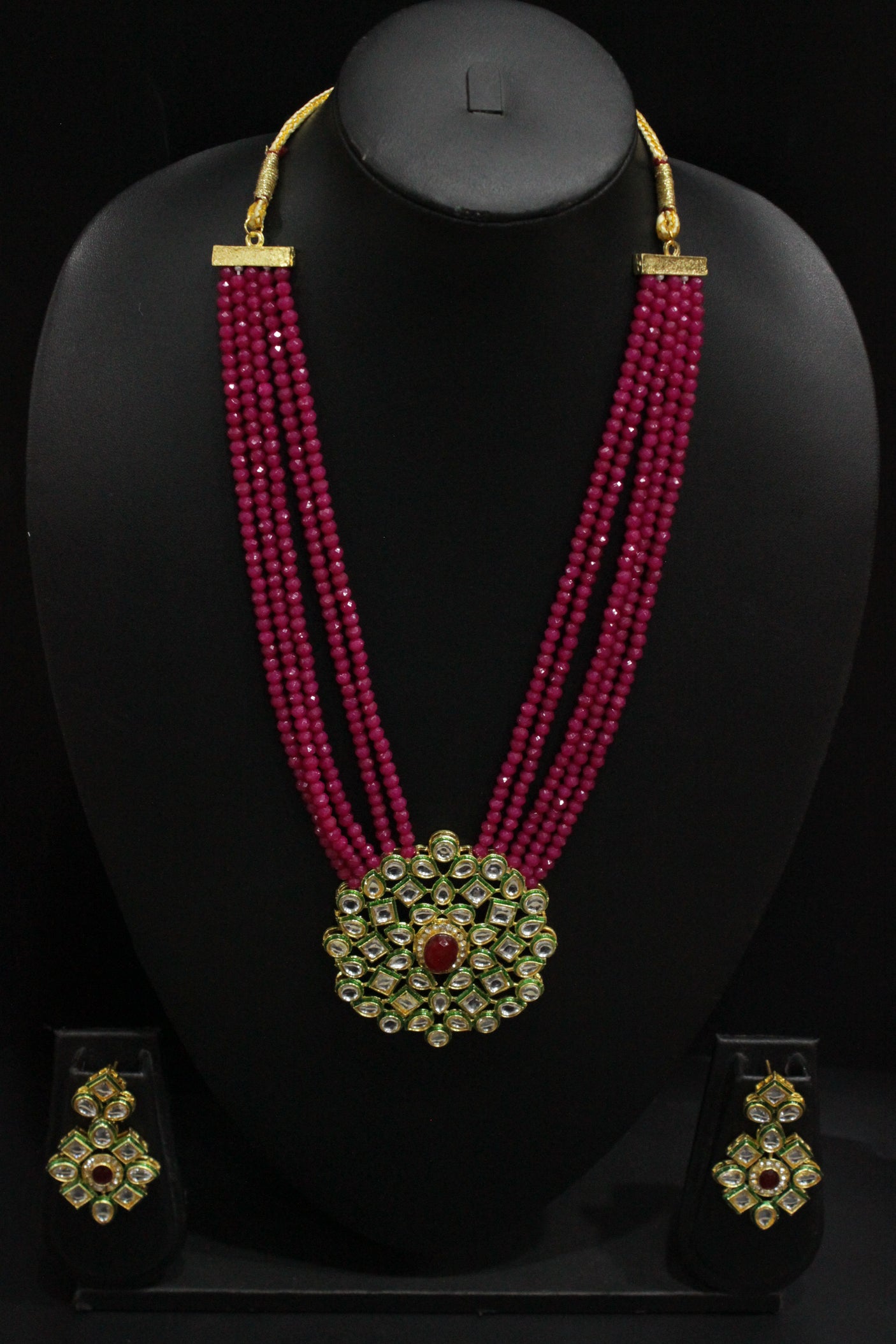 Pink Natural Glass Beads Stringed Kundan Long Necklace Set