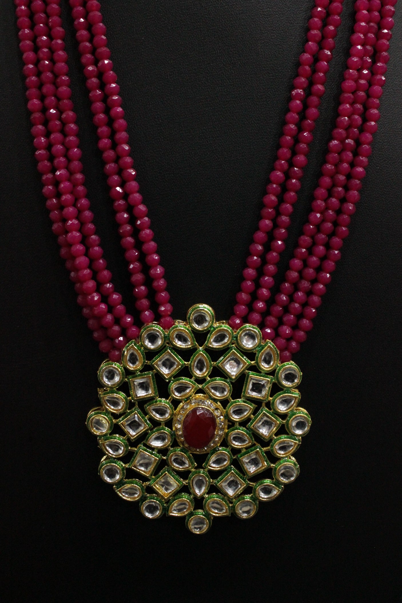 Pink Natural Glass Beads Stringed Kundan Long Necklace Set