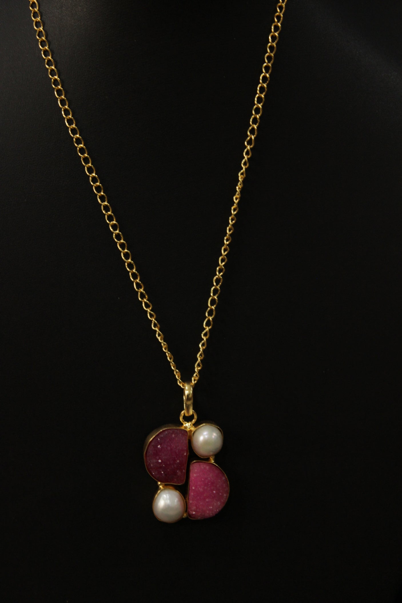 Baroque Pink Sugar Druzy Natural Gemstone Embedded Gold Plated Necklace
