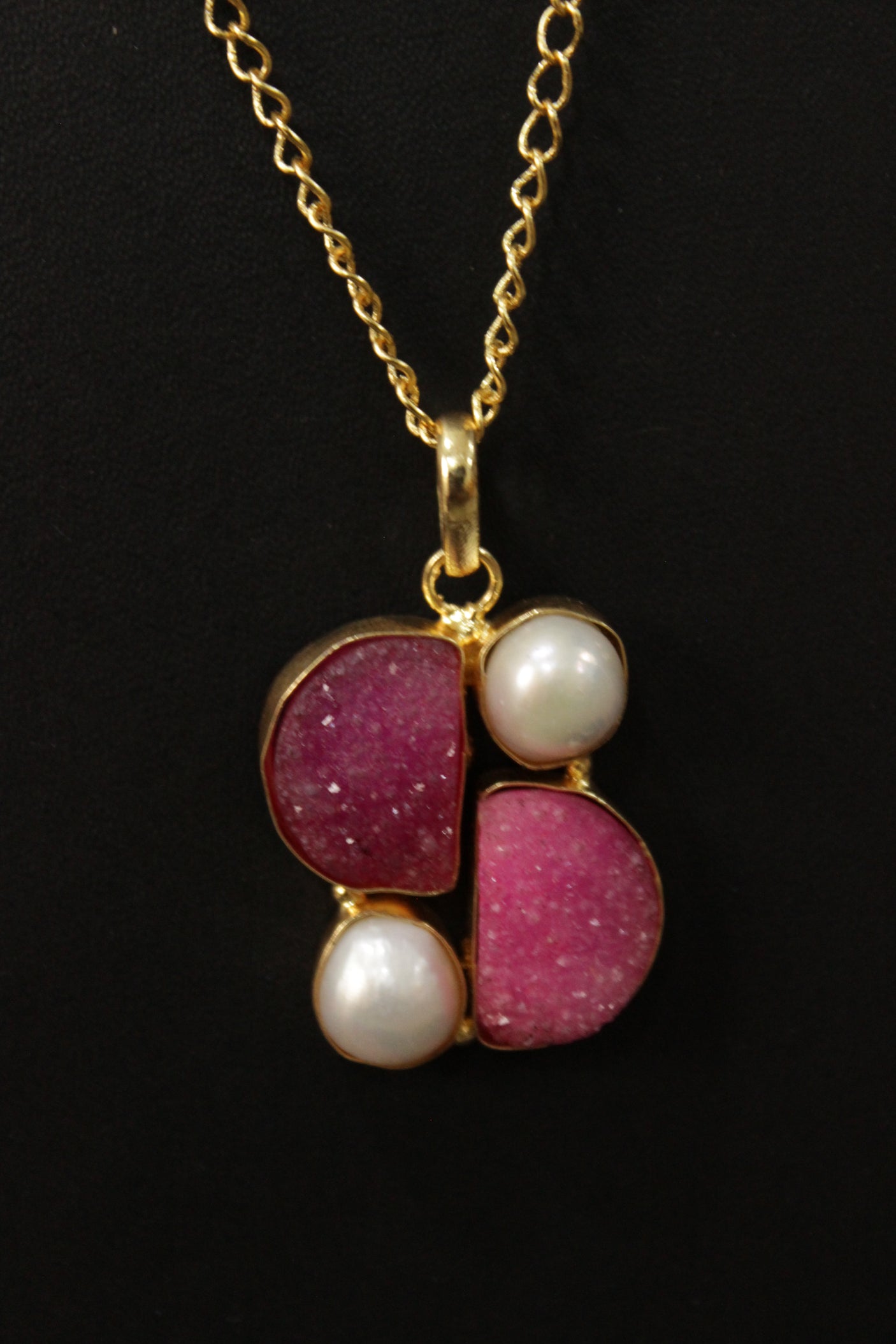 Baroque Pink Sugar Druzy Natural Gemstone Embedded Gold Plated Necklace