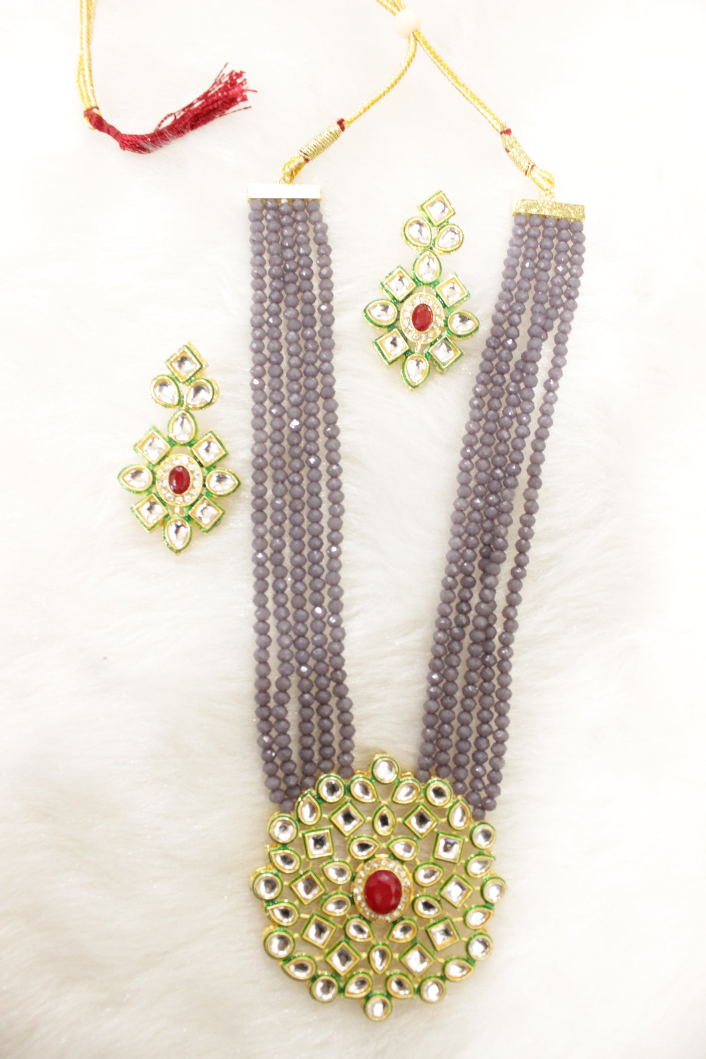 Grey Natural Glass Beads Stringed Kundan Long Necklace Set